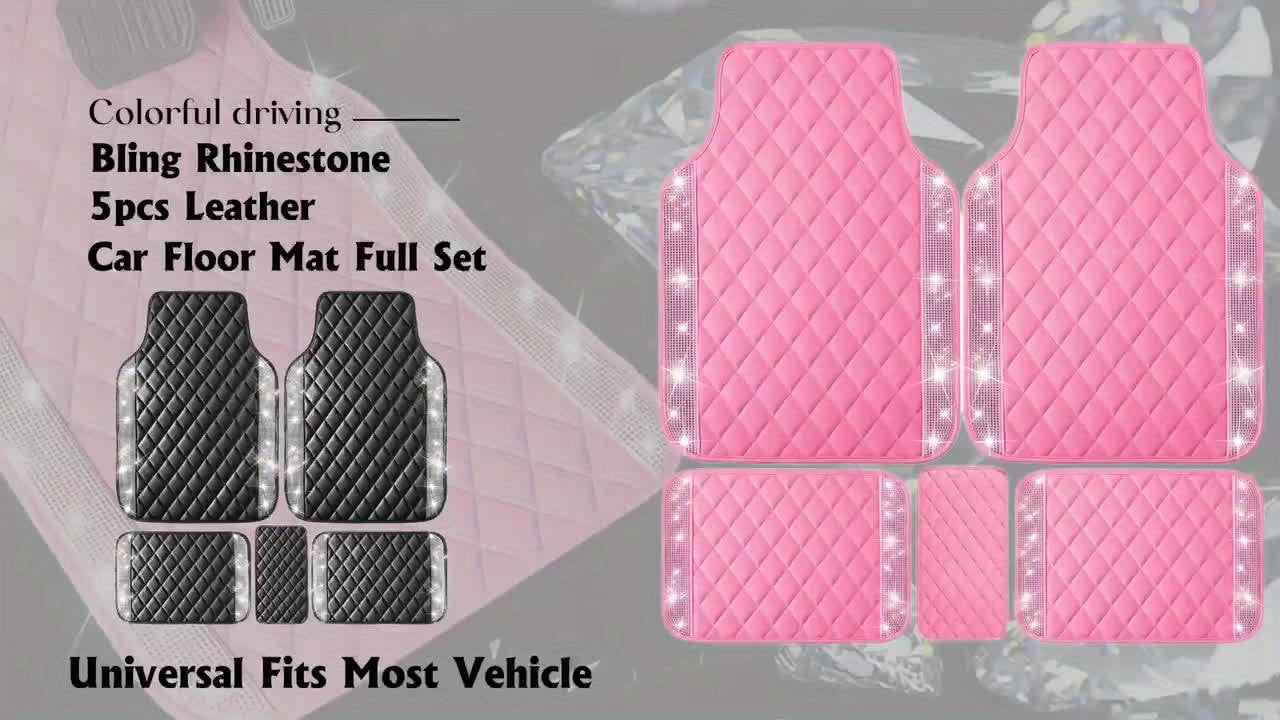Bling PU Leather Car Mats Shining Diamond Floor Mats Crystal Rhinestone Sparkly Glitter Carpet Anti-Slip Waterproof Pad Universal Fit Automotive SUV, Sedan, Van, 5pcs Girl Women, Pink