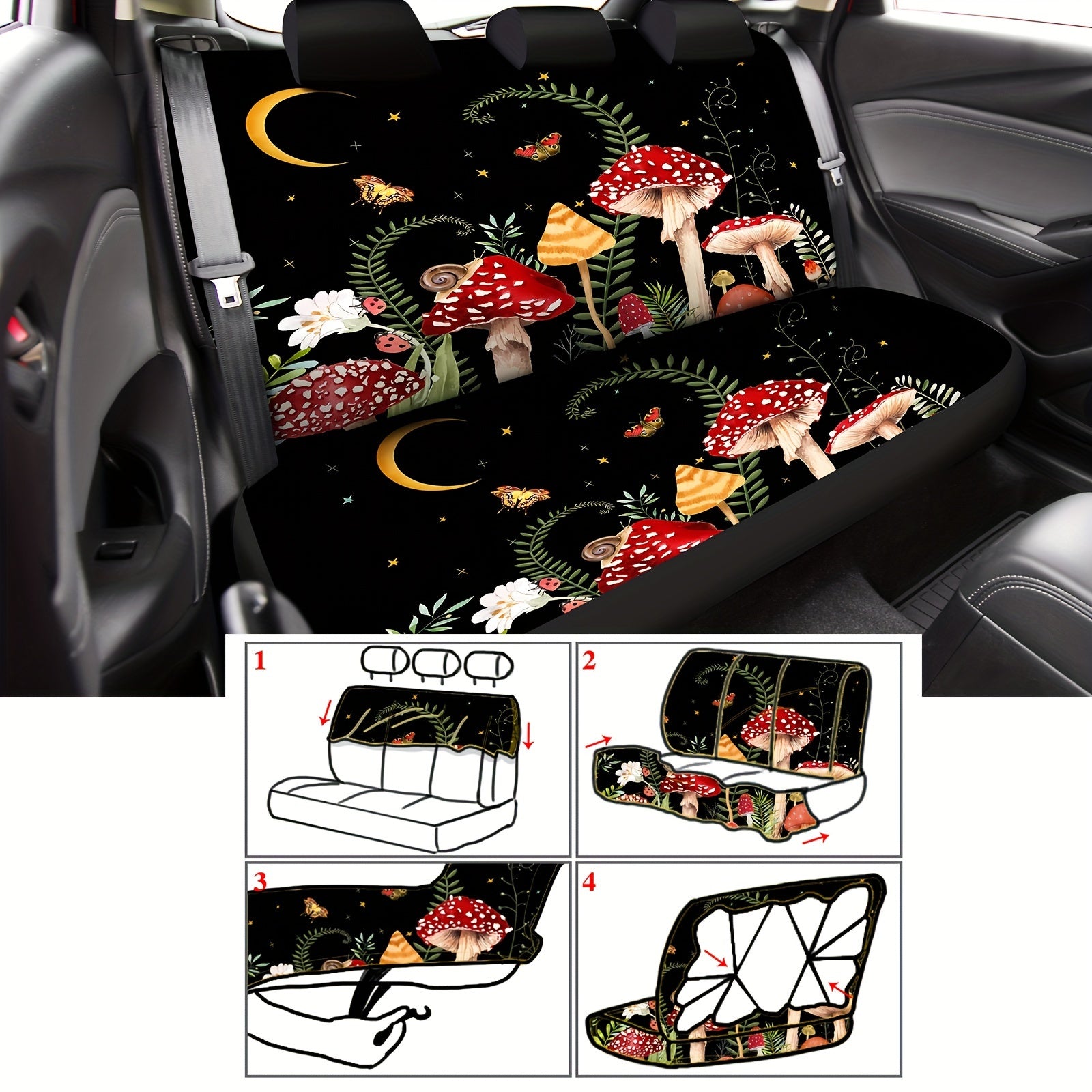 17pcs Mushroom Car Seat Covers Mushroom Car Accessories Full Set for Women Men Automotive Rear Front Seat Protector View Mirror Hanging Ornament Steering Wheel Belt Cover (Forest Mushroom)