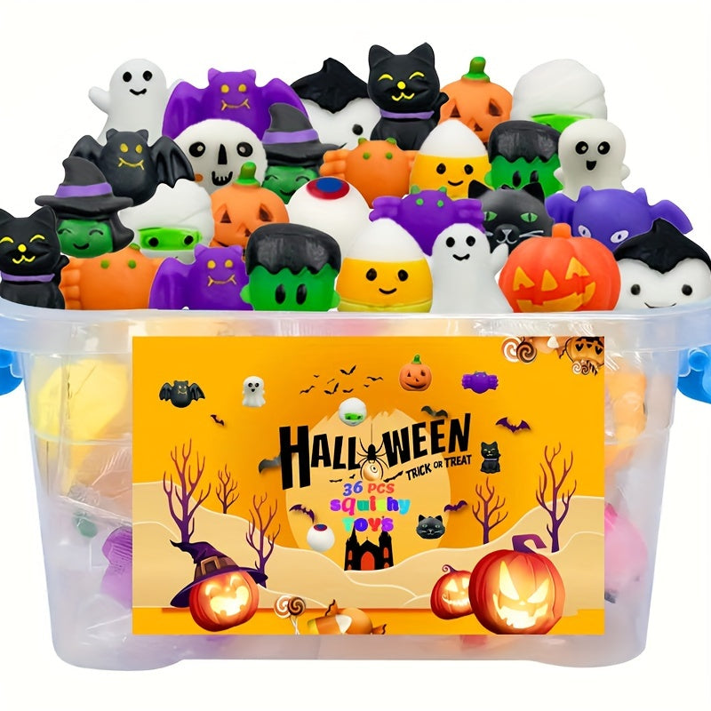 36-Pack Mini Squishy Halloween Toys Set - TPR Stress Relief Squeeze Figurines Ages 8-12 - Variety of Ghosts, Pumpkins, Bats & More