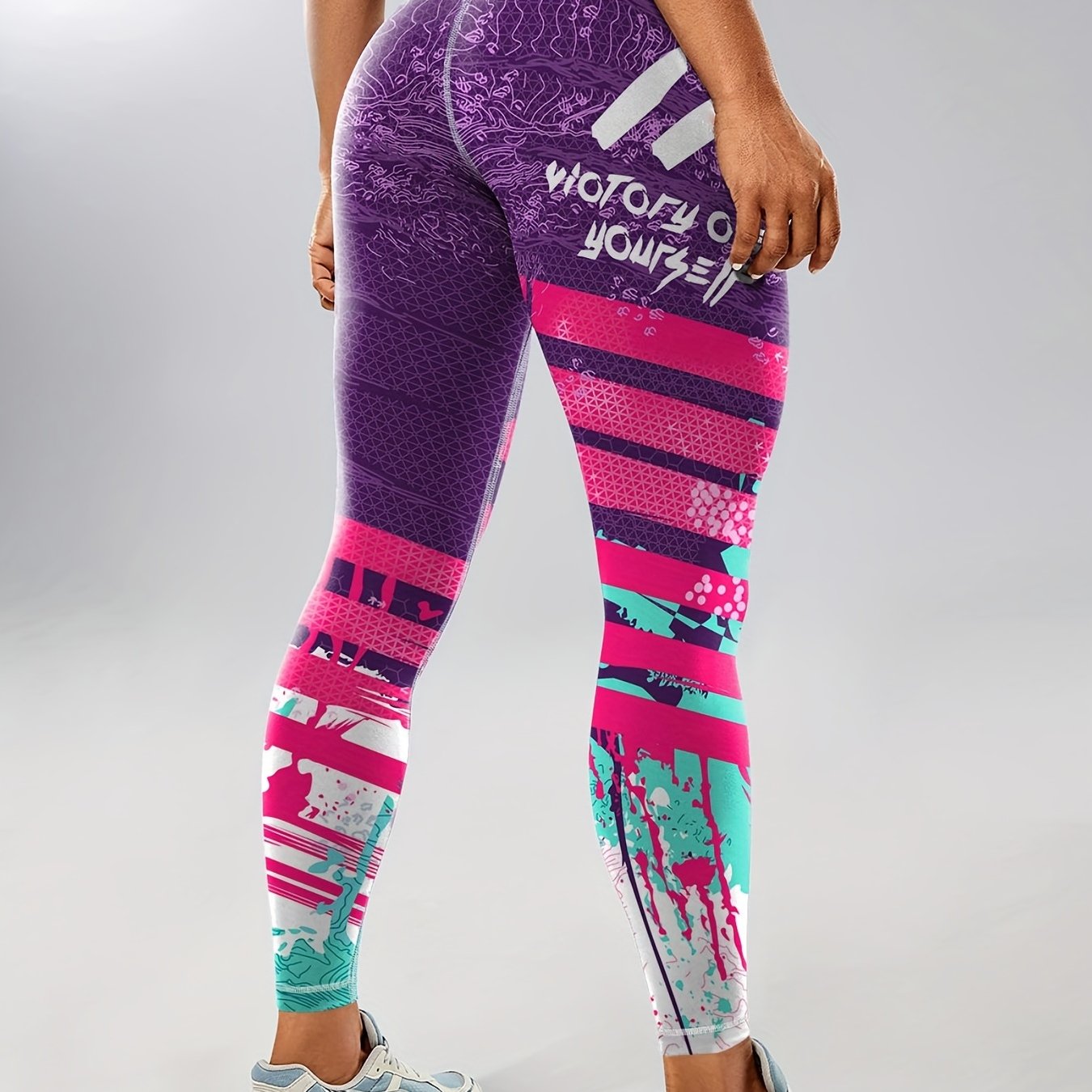 Breathable Stretchy Women's Fashion Color Block Splash Print Yoga Pants, Striped Print Butt Lifting Yoga Workout Running Sports Leggings