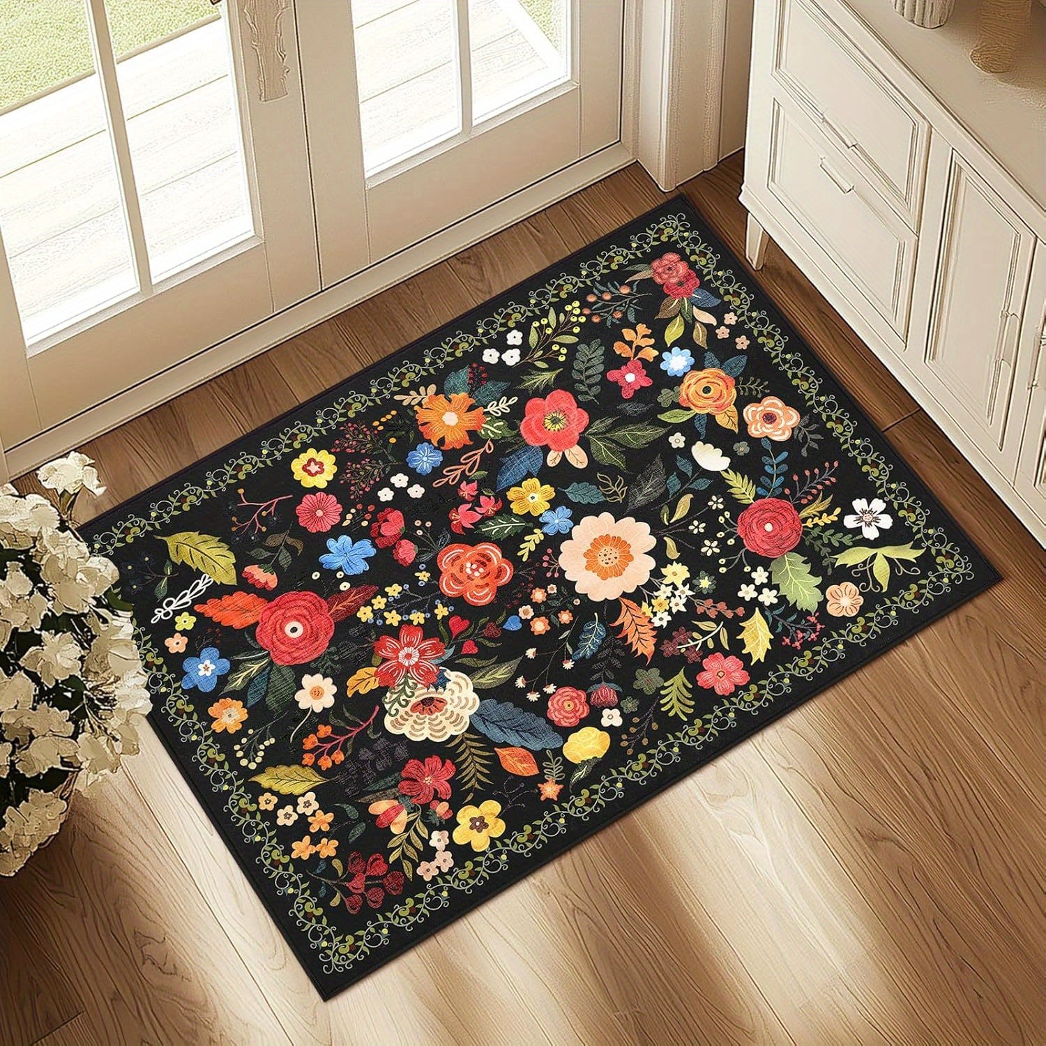 1pc Boho Floral Rugs Door Mat, Living Room and Bedroom Decoration Mat - Home Decoration -Anti-Slip, Washable Entrance Mat with Rubber Backing, Durable Polyester, Ideal for Living Room, Bathroom, Kitchen, Laundry