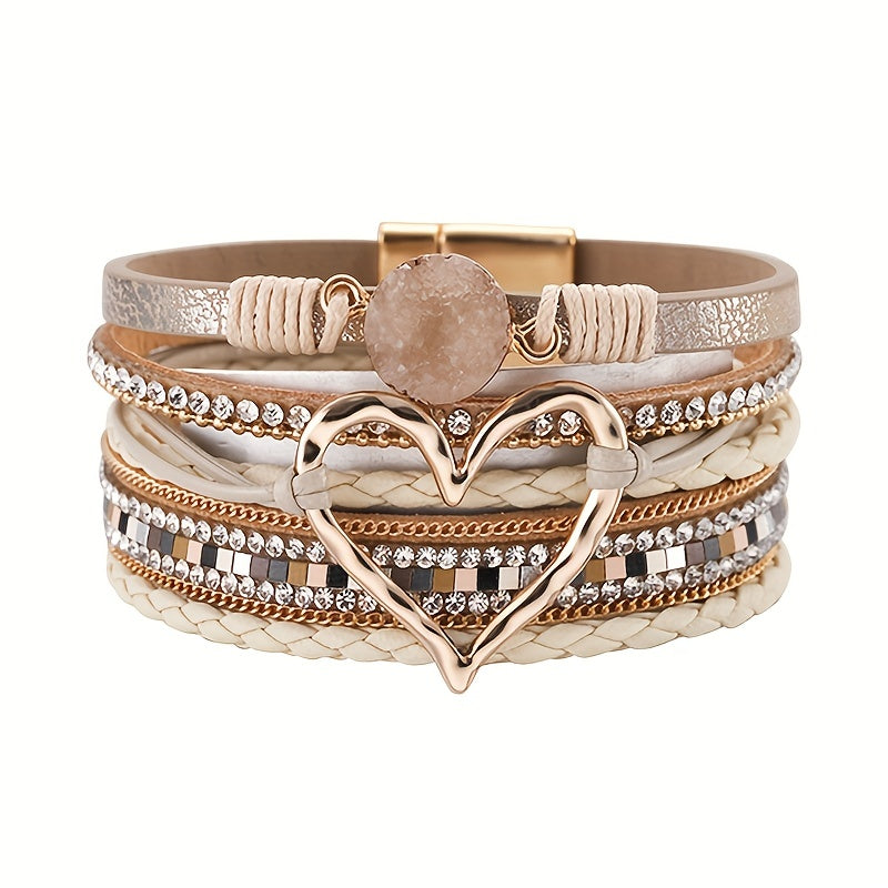 [Boho Chic Heart Bracelet] Boho Chic Multi-Layer PU Leather Magnetic Clasp Bracelet - Black Braided Design & Crystal Accents, Golden-Tone Metal Heart Pendant, Elegant Love Heart