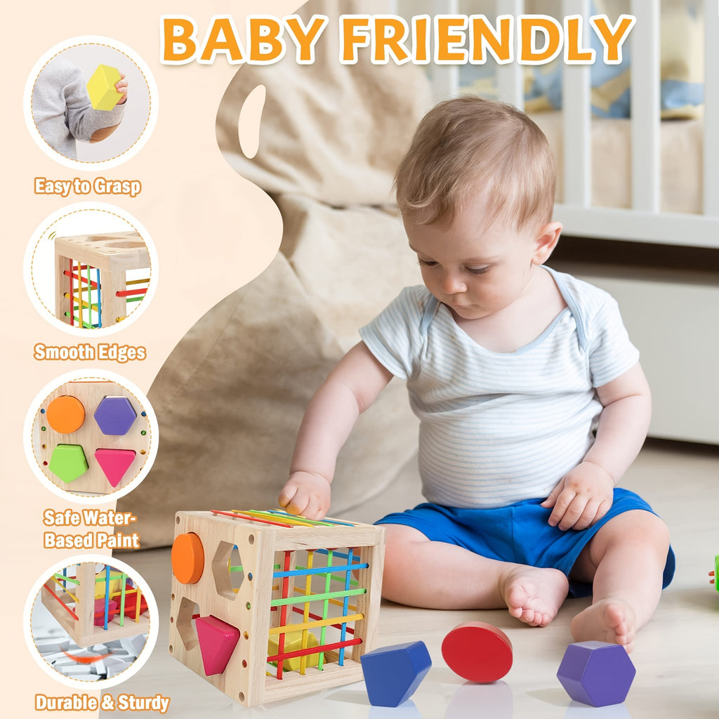 Wooden Shape Sorter Toys for Toddlers 1-3 Years Old, Toys for 1 Year Old Baby Girls & Boys, Activity Cube with 8pcs Geometric Shape Blocks and Gift Box for Christmas