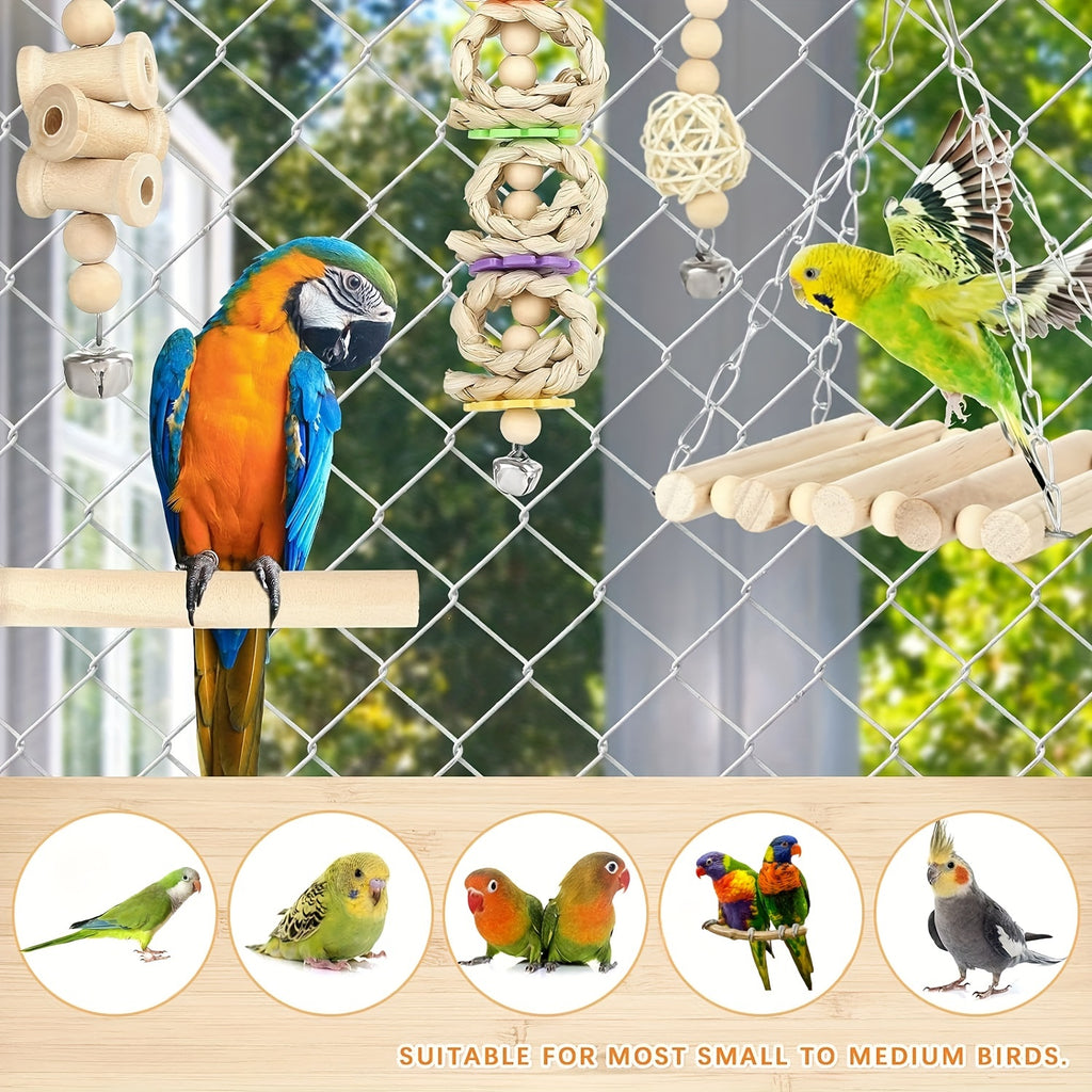 8pcs Solid Wood Bird Toy Set - Tiger Skin Peony Love Bird Small and Medium Parrot Toys with Swing Stairs and Chew Ball