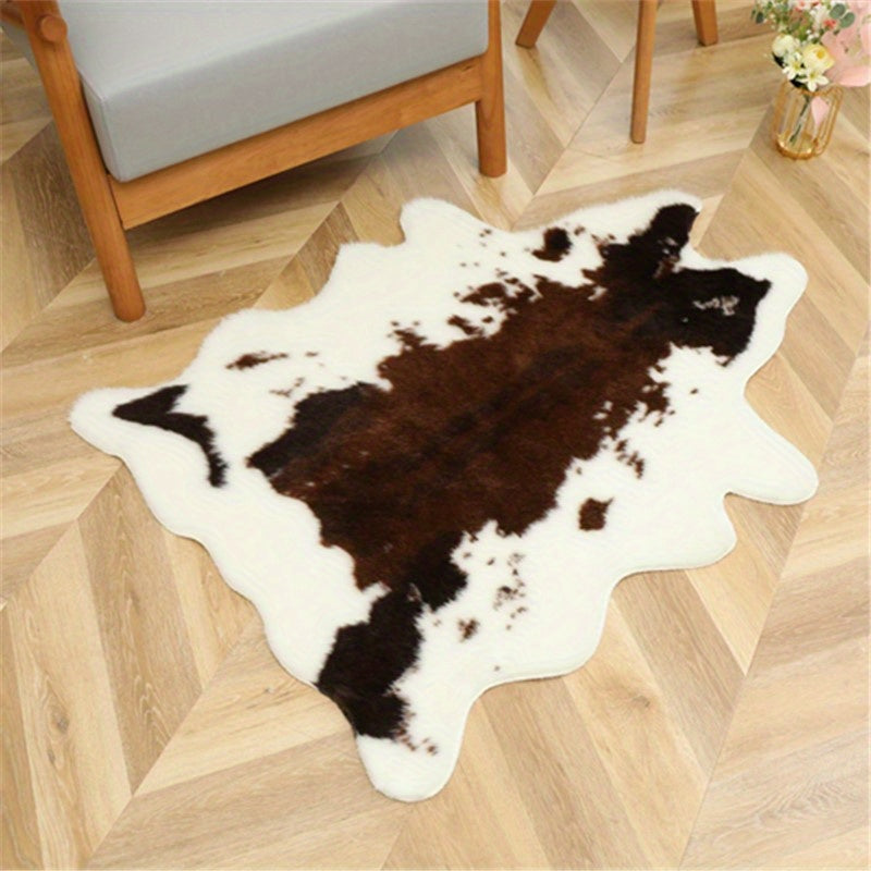 Washable Low-Pile Faux Cowhide Rug - 1pc Durable Western Style Animal Print Carpet for Bedroom and Living Room Decor - Home and Room Decor