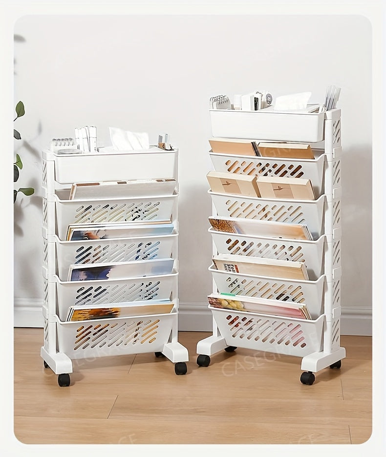 1pc Five-Level Movable Bookshelf, Desk Side Shelf, Floor Cart with Pen Holder for Office Study Supplies Storage and Document Storage
