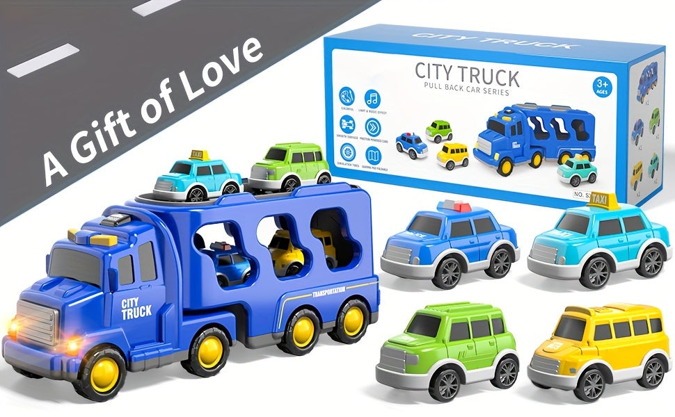 Toys Trucks Cars for Boys, 5in 1 City Truck Car Toys for 3 4 5 Years Old Boys Girls Kids Birthday Gifts, Boy Toys Car Trucks Vehicles Friction Power Toys with Light Sound