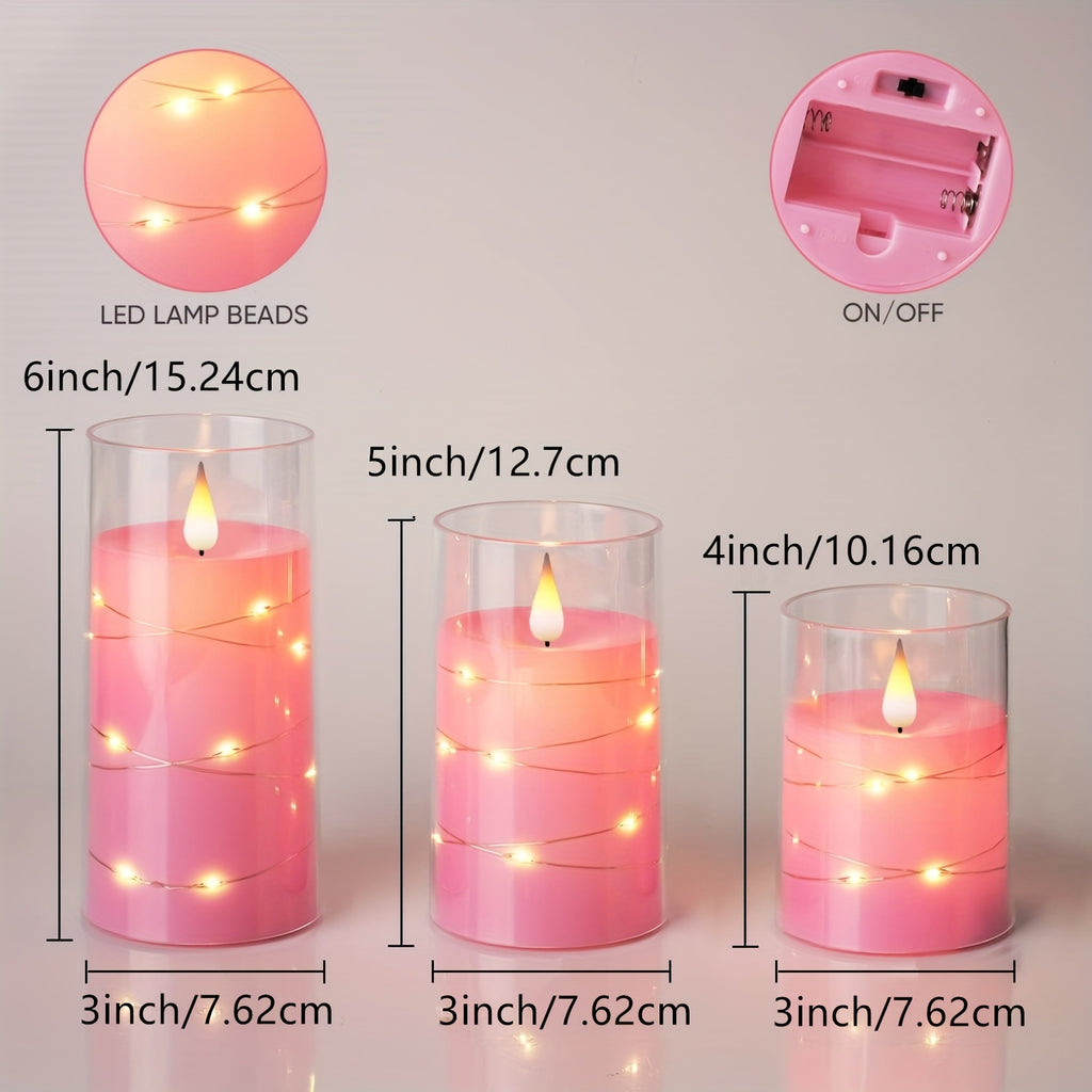 [Romantic Flameless LED Candles] 3pcs Realistic Flameless LED Candles with Remote & String Lights - 2D Flat, Battery Operated Flameless Candle Lights, Pink Table Centerpieces for Wedding, Christmas, Valentine's, Party Decor -