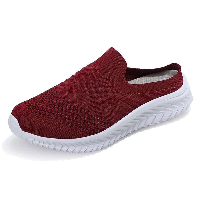 Women's Solid Color Knit Sneakers, Breathable Closed Toe Slip On Slippers, Casual Walking Mules