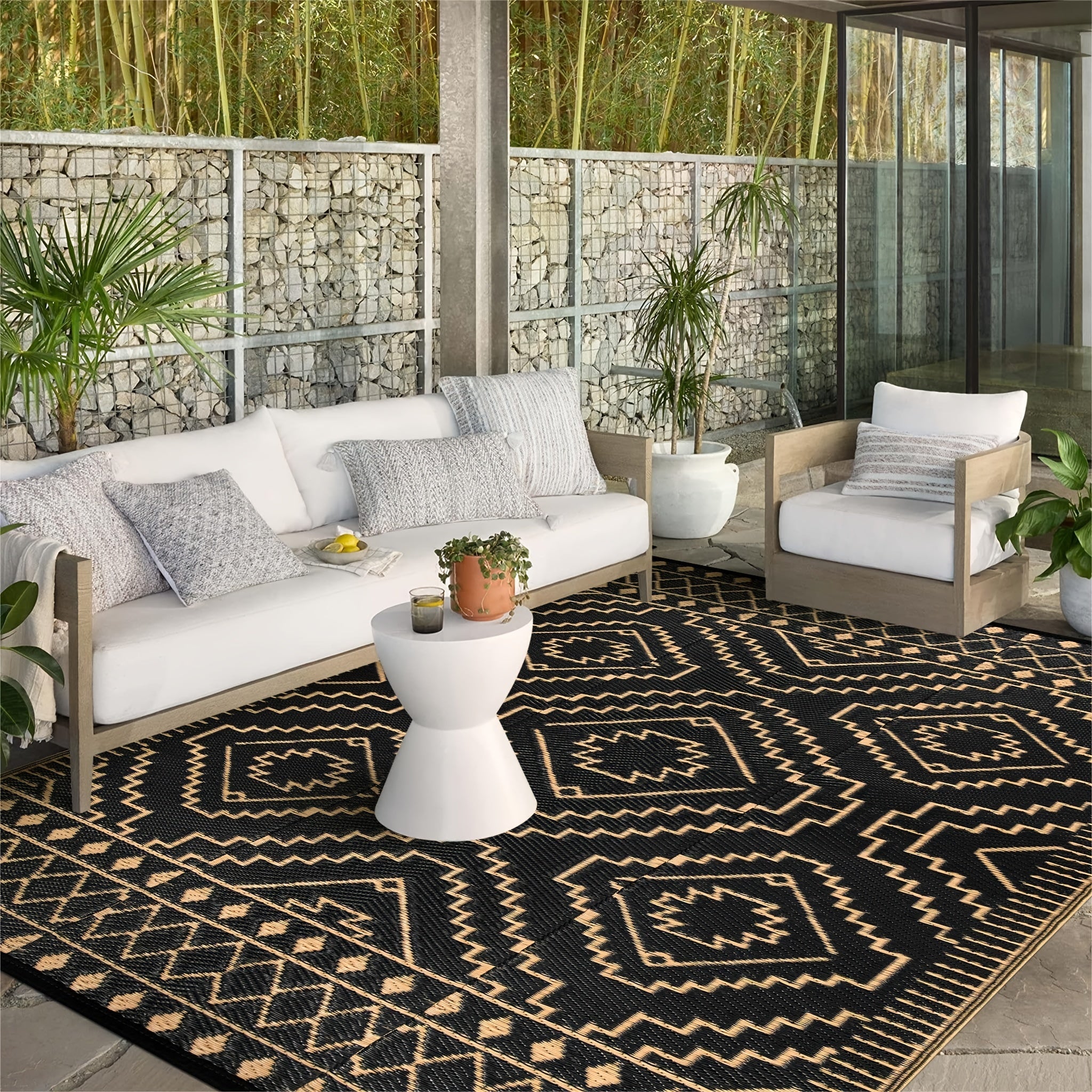 Large Outdoor Mat – Reversible Lightweight Straw Area Mat with Geometric Black & Beige Pattern for RV, Camping, Beach, and Patio Decor, Outdoor Rugs