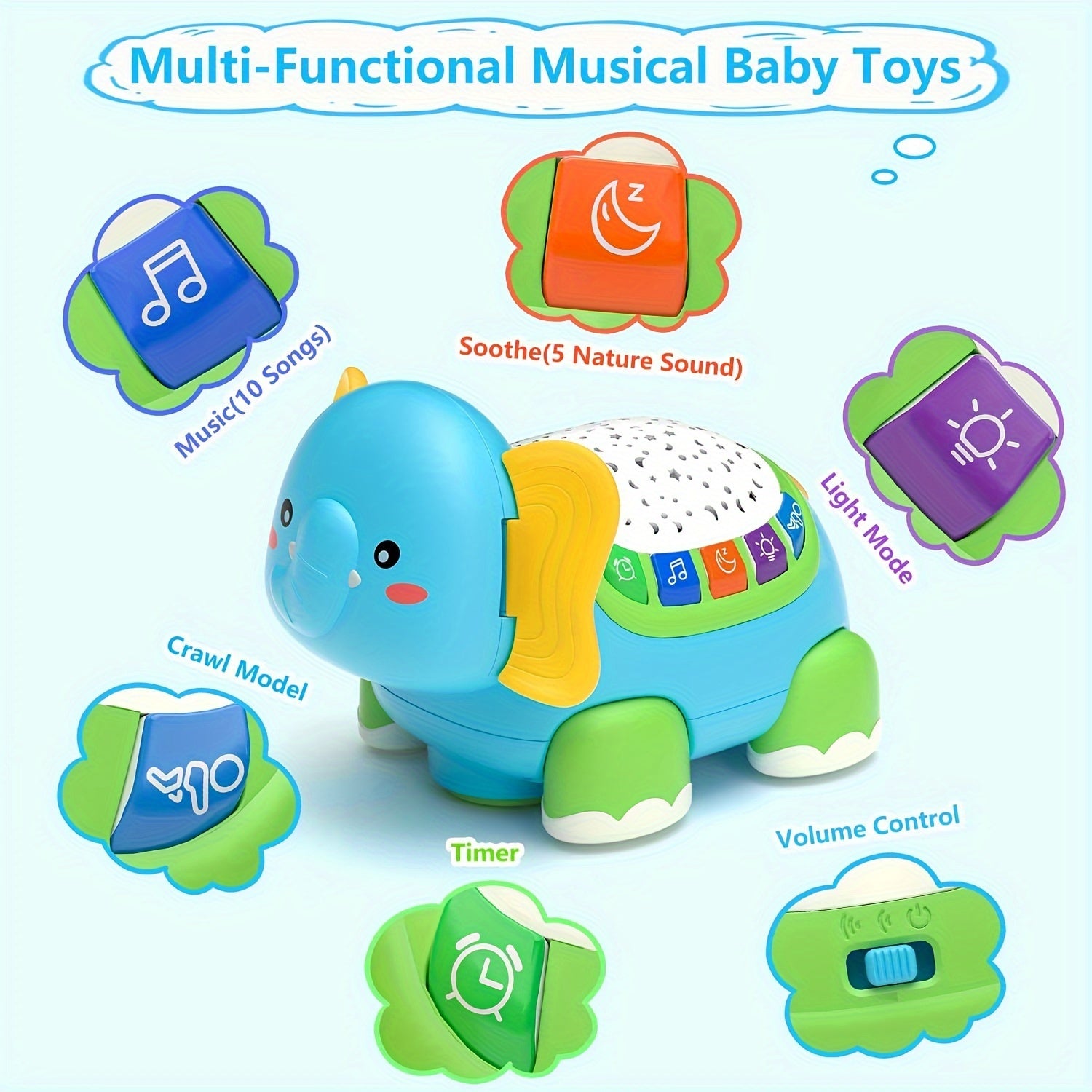 Crawling Baby Toys, Infant Tummy Time Toys with Star Projector Music and Light, Elephant Interactive Sensory Toy for Baby, Early Developmental Toys for Boys Girls, Christmas Gift