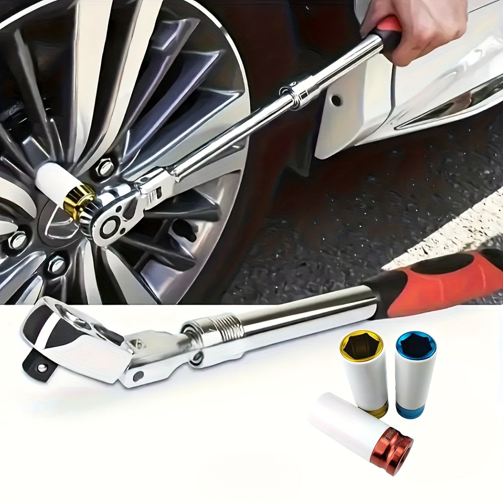 4pcs wheel hub protection hexagonal deep socket/ratchet wrench set, 1/2" drive, metric 17, 19, 21mm wheel guard six-point deep socket, 1/2" oscillating and telescopic