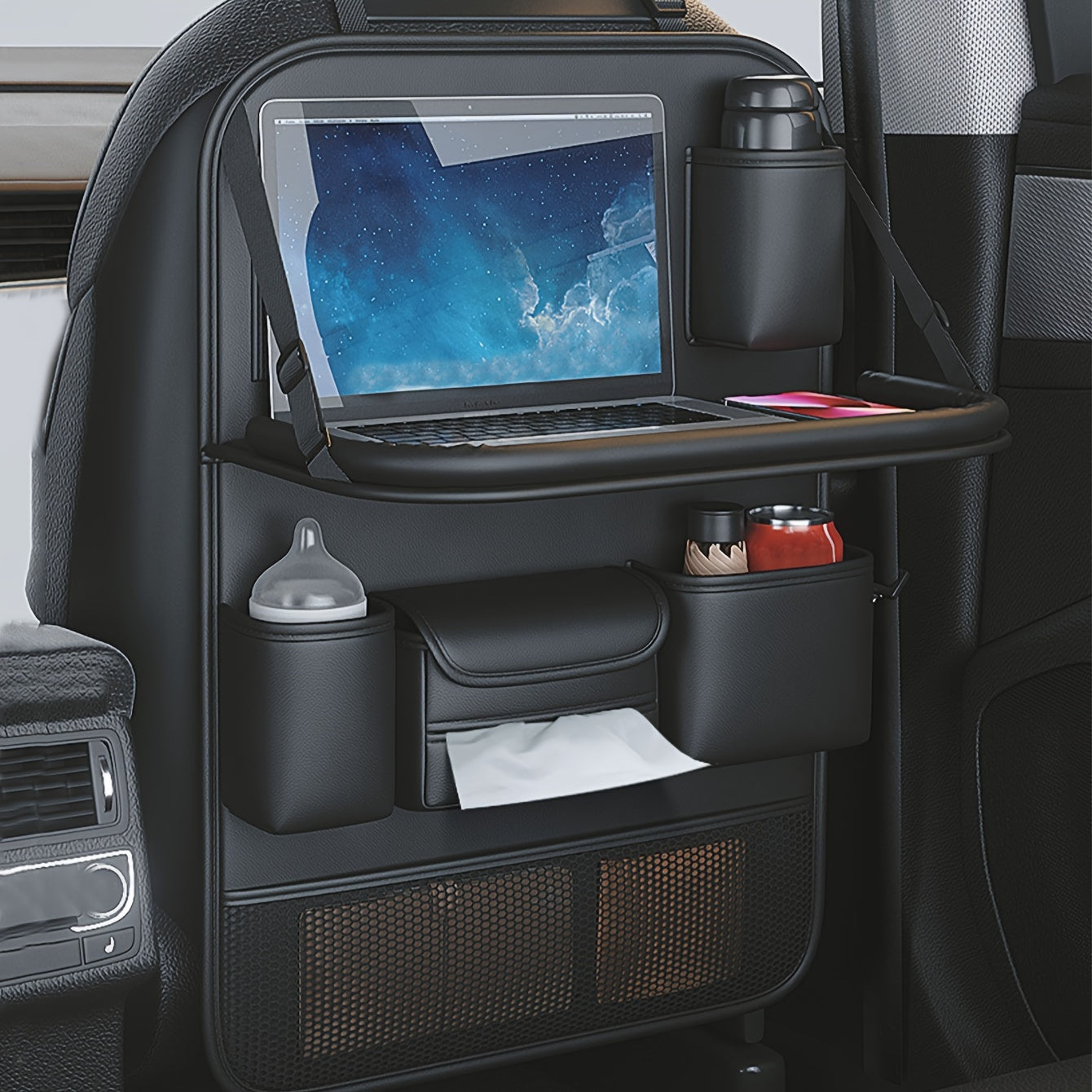 1pc/2pcs Heavy-Duty PU Leather Car Backseat Organizer with Foldable Table Tray