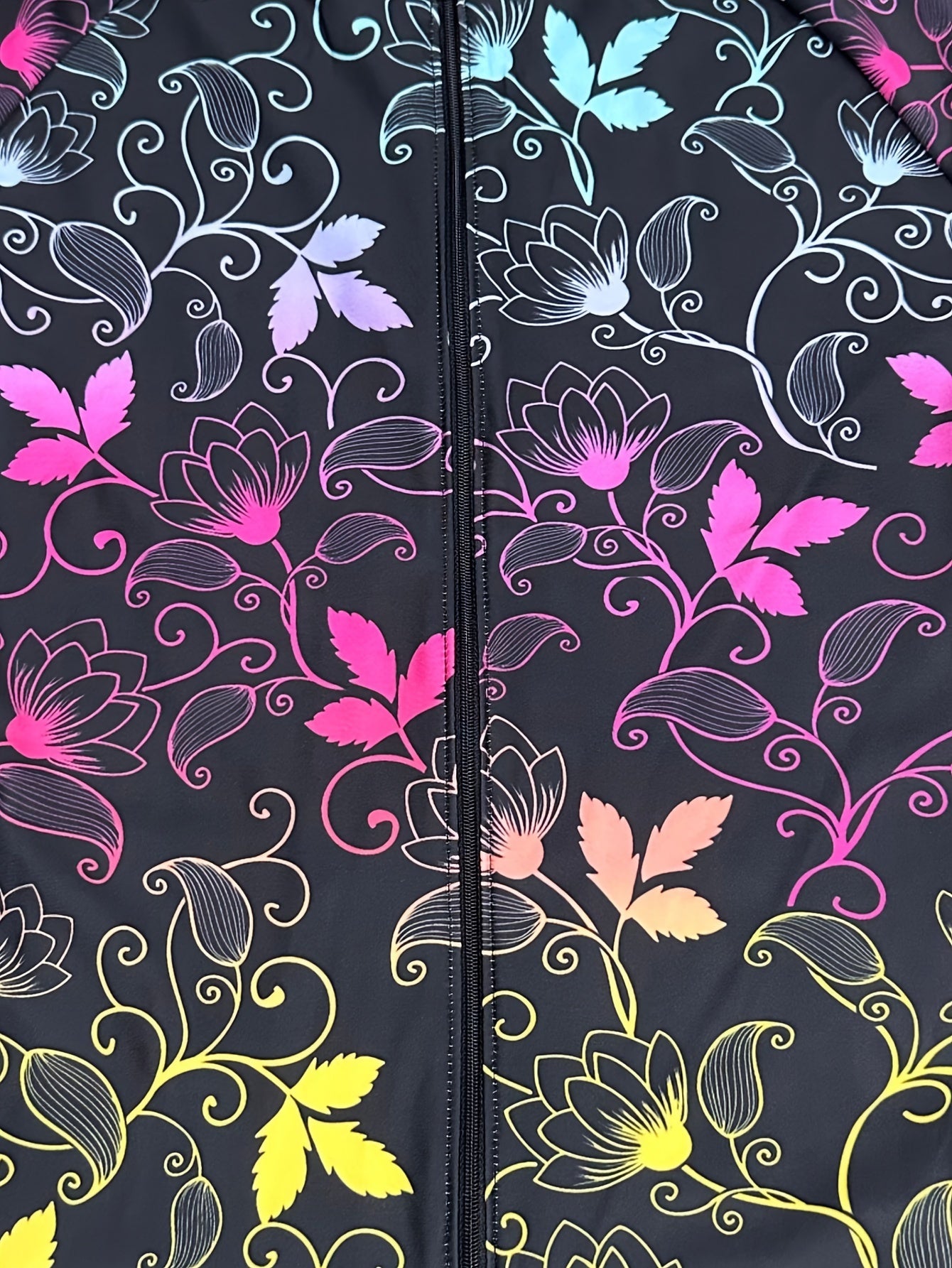 Plus Size Sports Jumpsuit, Women's Plus Colorful Leaf Graphic Long Sleeve Zip Up Biker Fitness Jumpsuit