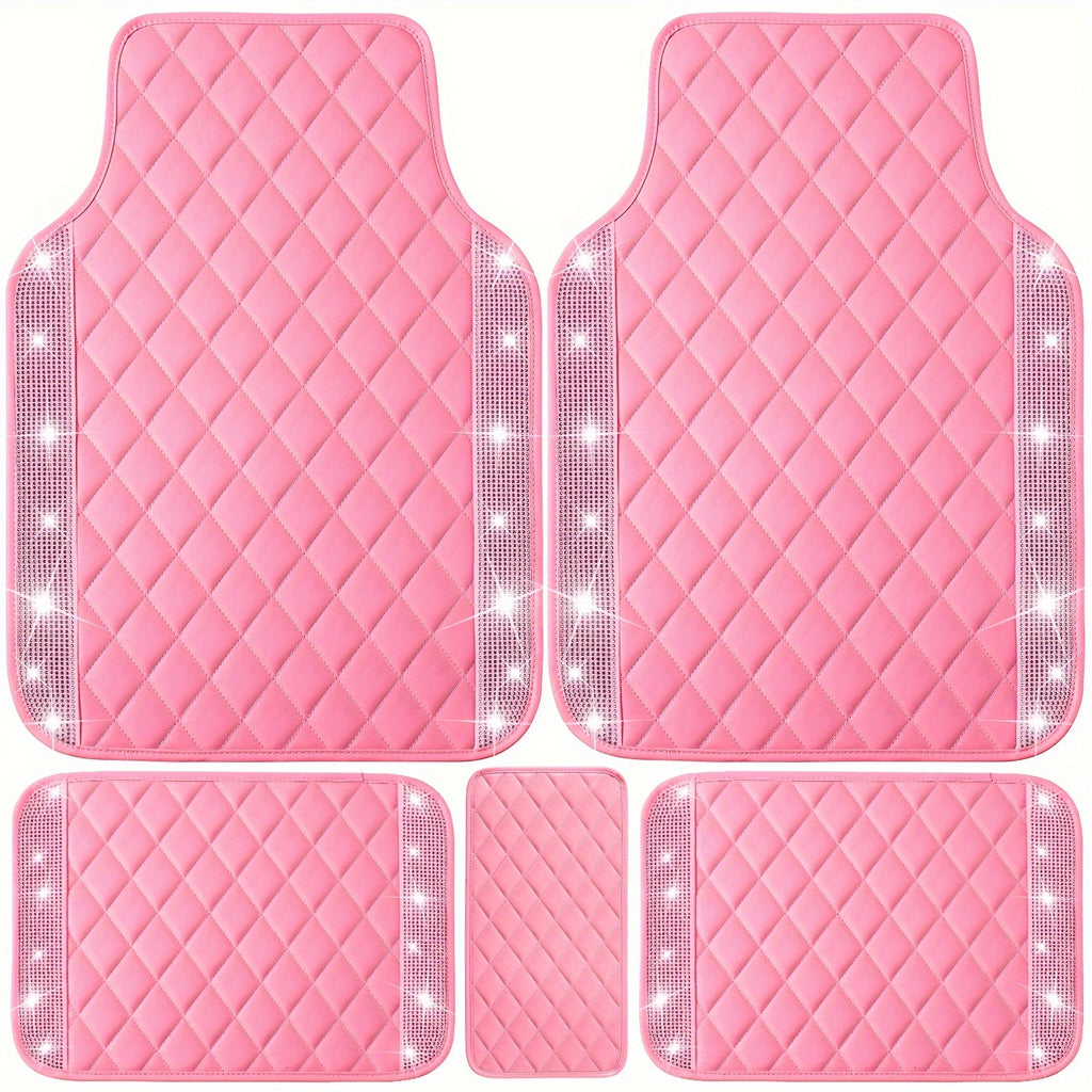 Bling PU Leather Car Mats Shining Diamond Floor Mats Crystal Rhinestone Sparkly Glitter Carpet Anti-Slip Waterproof Pad Universal Fit Automotive SUV, Sedan, Van, 5pcs Girl Women, Pink