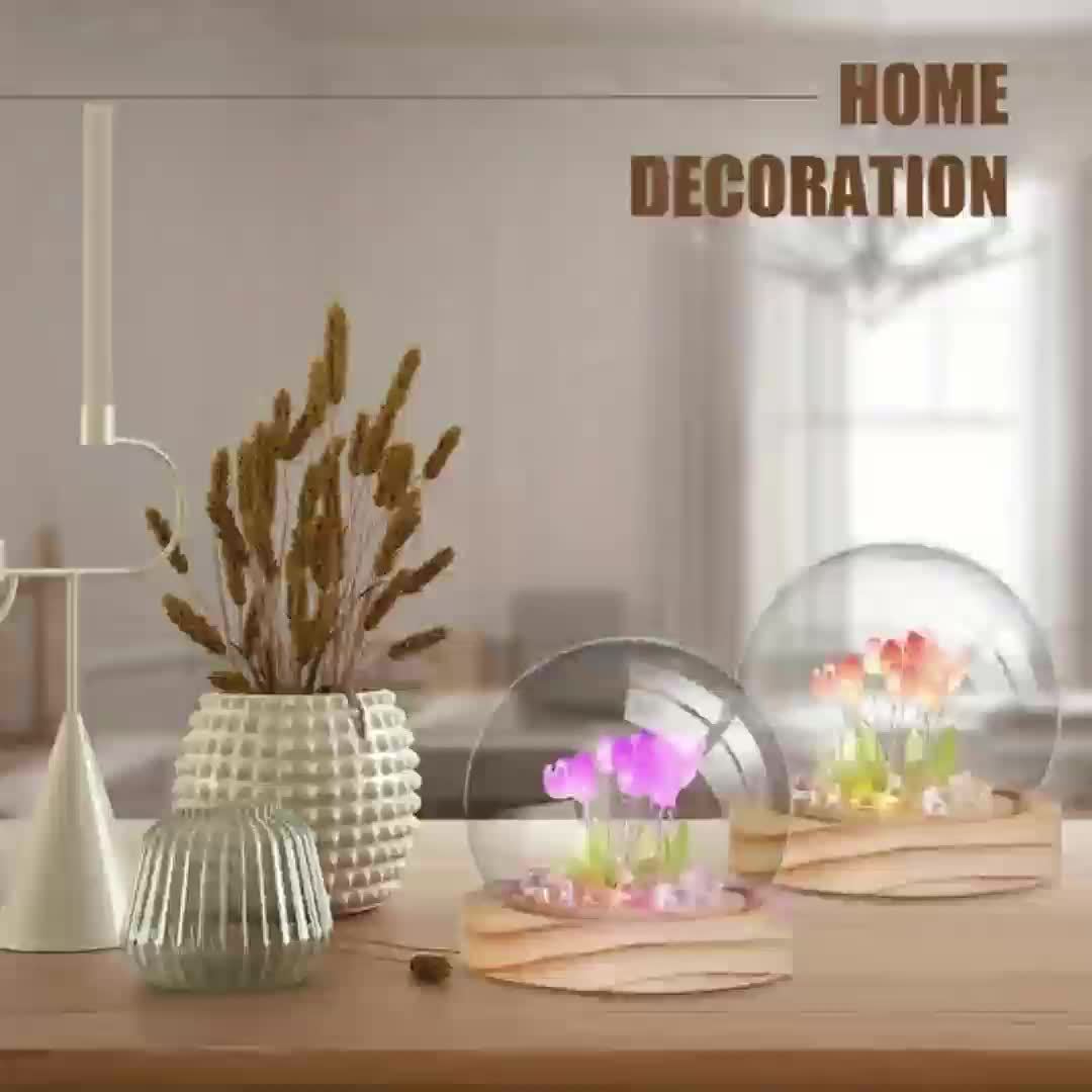 1pc DIY Tulip Night Lamp, Handmade Flower Table Lamp, With Glass Dome Cute Bedroom Sleep Lamp, For Home Room Coffee Table Courtyard Garden Decoration