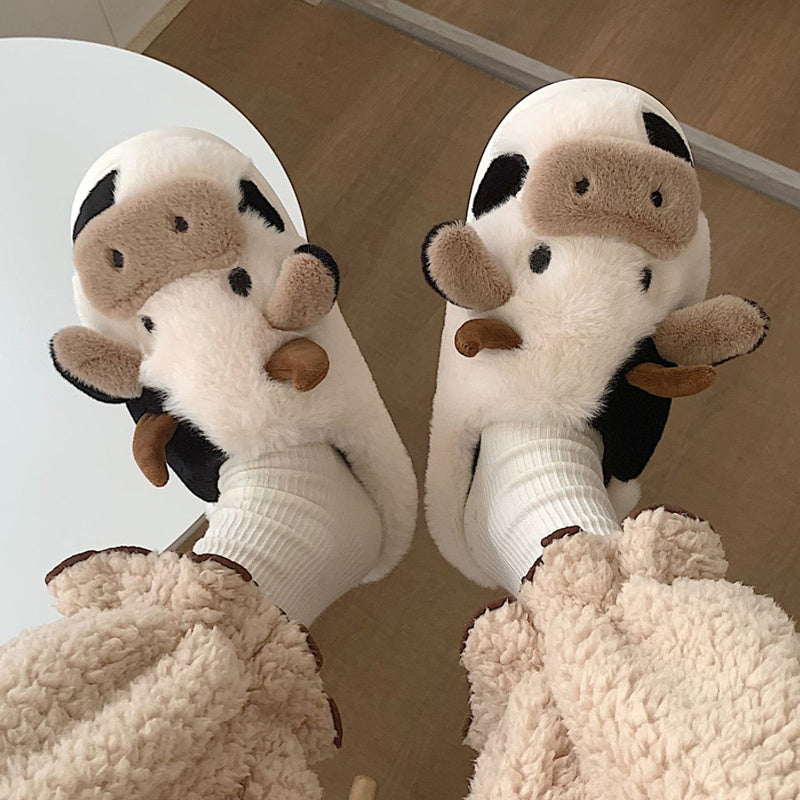 Women'S & Men'S Fuzzy Cow Slippers - Plush Winter Indoor House Shoes with & Cow Print,