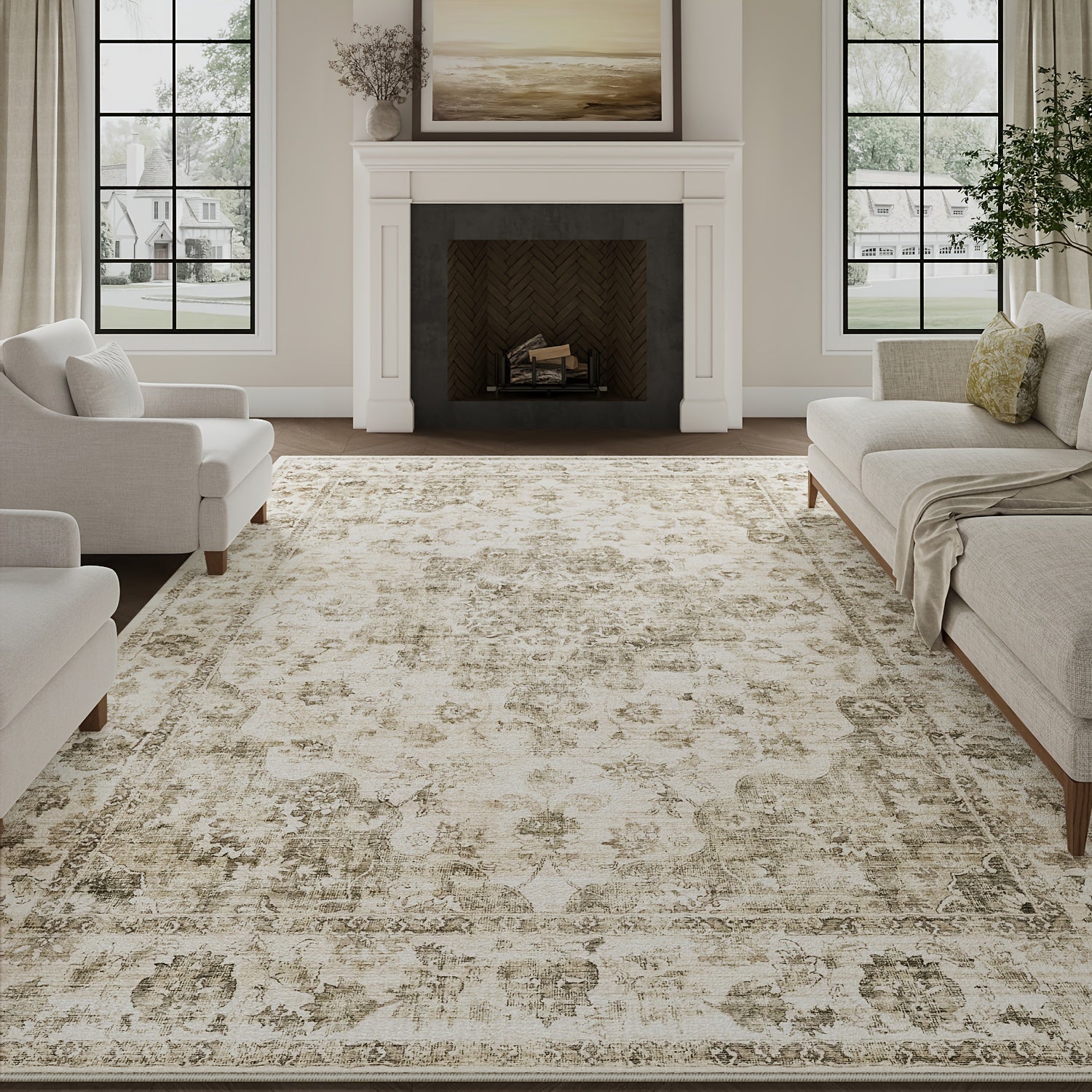 Extra Large Modern Beige & Brown Floral Mat - Thickened Anti-Slip Light Beige-Friendly Large Area Mat, Machine Washable & Wear-Resistant, Beige/Brown/ /Gray Tones, Soft & TPR Backing for Living Room, Bedroom, Hallway - Jumbo