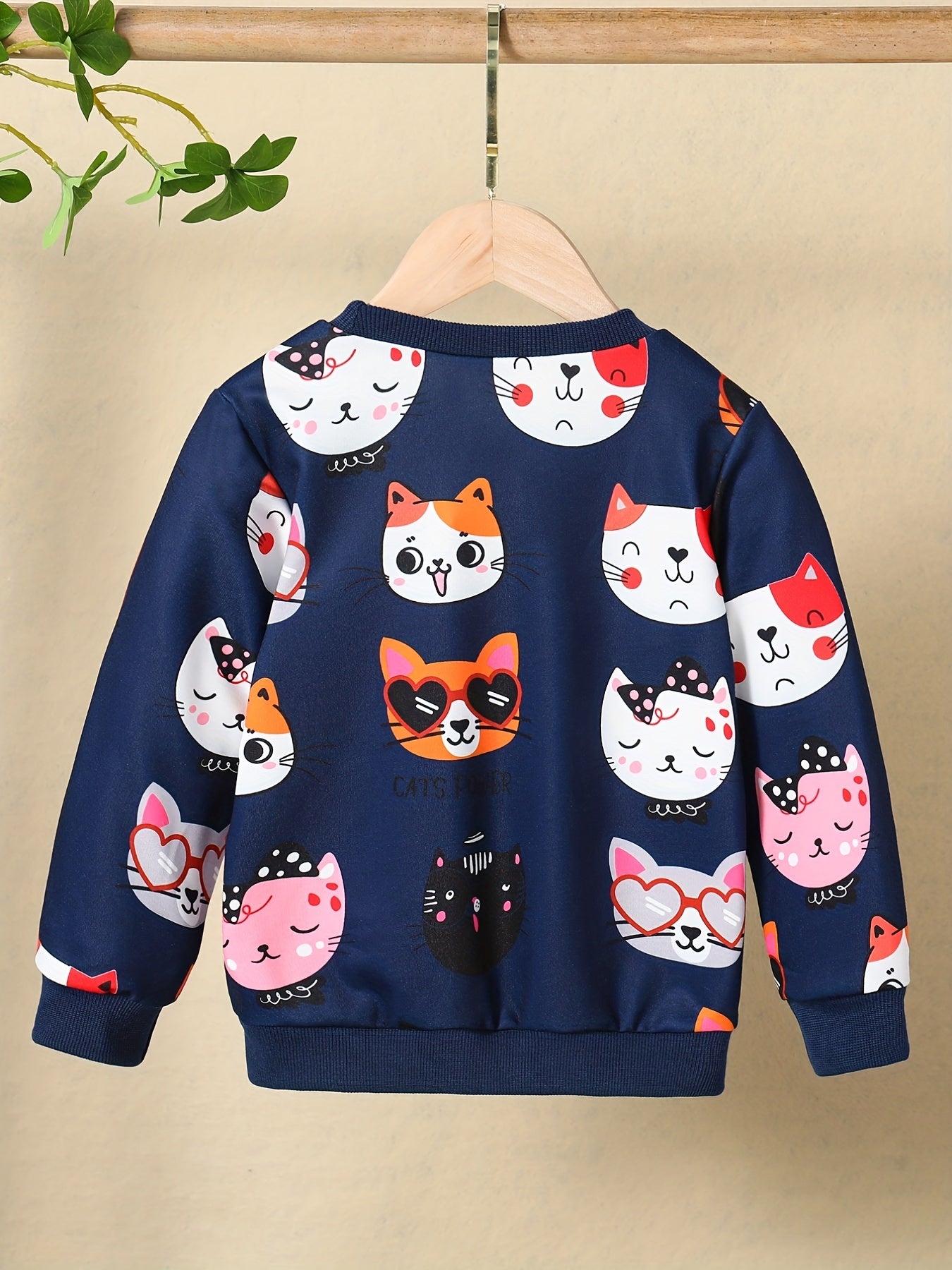 Girls' Cute Cat Print Sweatshirt - Pastel Pink with & Cat Design, Soft Round Neck Long Sleeve Top for Everyday & Special Occasions