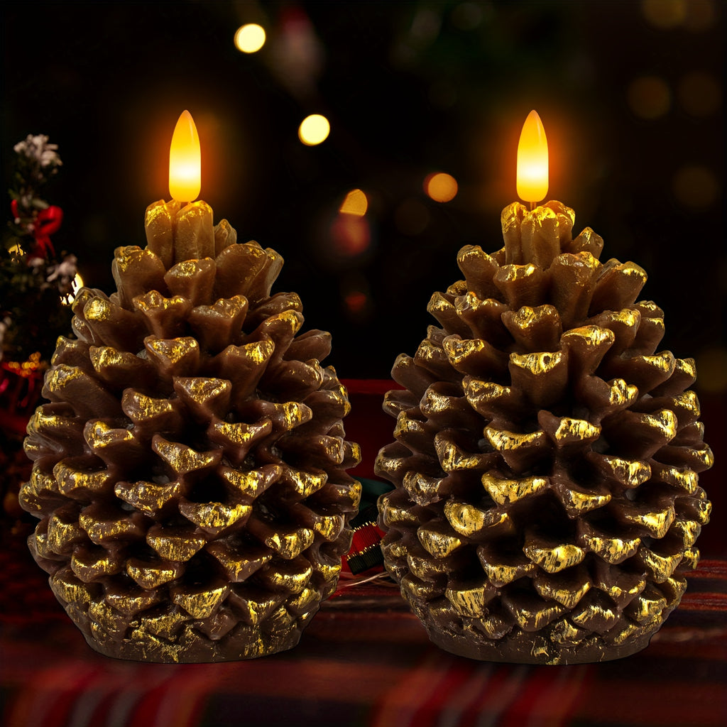 Pine Cone Flickering Flameless Candles, Battery Operated Real Wax LED Candles With 6H Timer For Christmas Home Party Decoration Set Of 2, Brown (D3.5 X H5.5 Inch)
