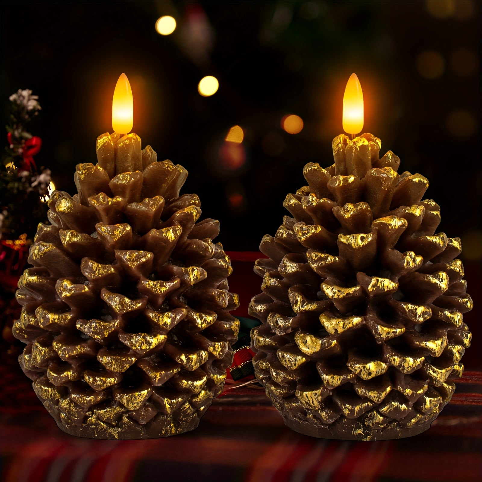Pine Cone Flickering Flameless Candles, Battery Operated Real Wax LED Candles With 6H Timer For Christmas Home Party Decoration Set Of 2, Brown (D3.5 X H5.5 Inch)