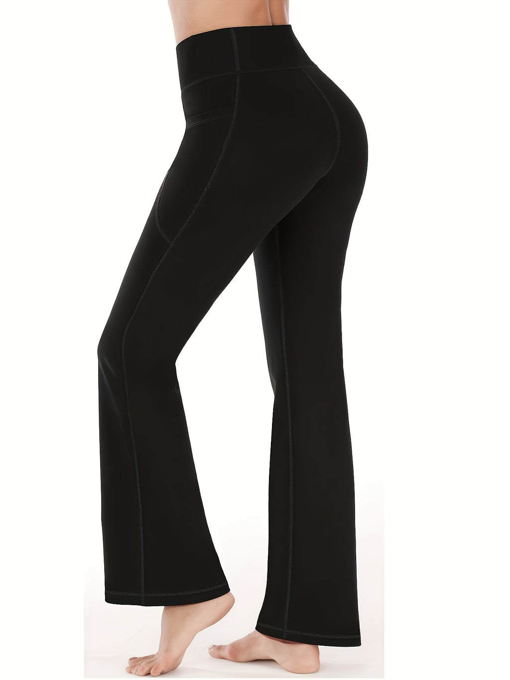 [Yoga Leggings] High Waist Solid Color Running Yoga Flare Leggings | Women's Activewear Wide Leg Bootcut Pants, Side Pocket Sports Workout