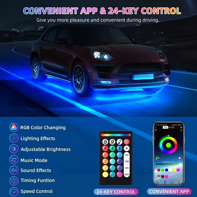 [RGB Automotive LED Strip] 4pcs Dynamic RGB Automotive LED Underglow Kit - Wireless Remote Control, Neon Music Mode, Automotive Underlight Strip