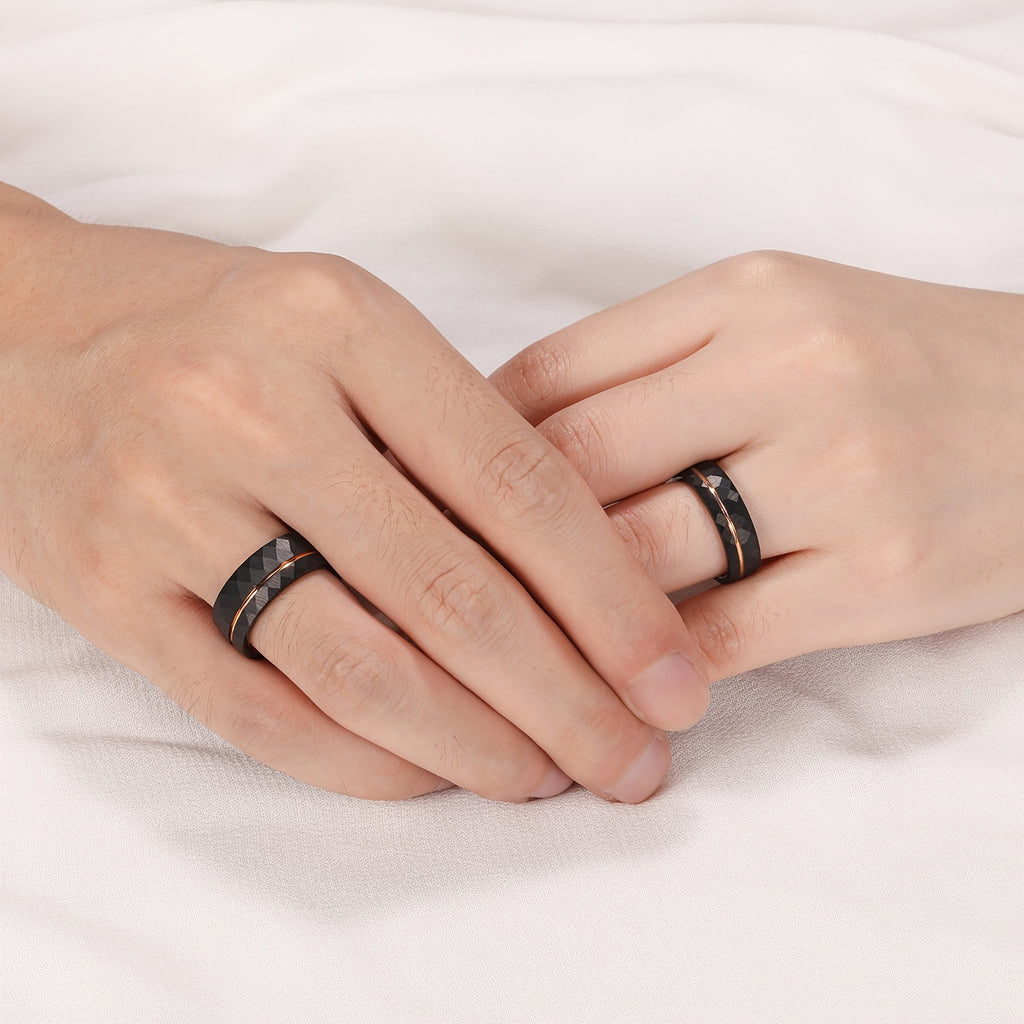 1pc 6mm (0.24'')/8mm (0.31'') Fashion Inlaid Rose Golden Wire Black Rhombic Men's Tungsten Steel Ring