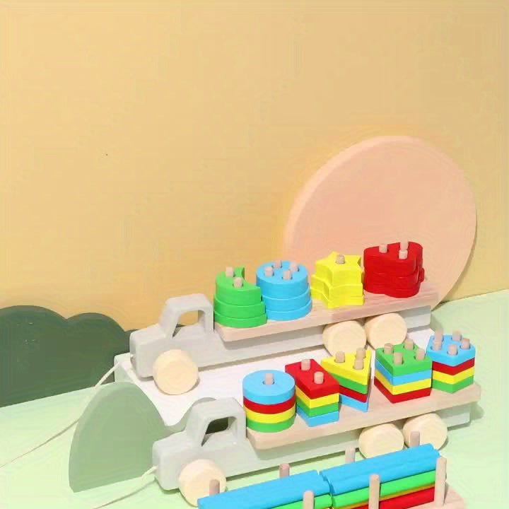 Children's wooden toys for early education, children's shape matching puzzle car, wooden trailer toy, baby shape recognition toy car, holiday gift