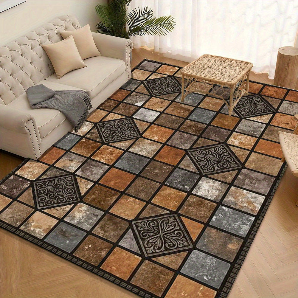 Area Rugs for The Living Room Featuring a Standard Elegant Retro Patchwork Design in Brown Geometric Patterns, Embodying Classic Chinese Style, Easy to Clean, Suitable for Outdoor Use, Courtyards, Rvs, And Picnics in Spring A