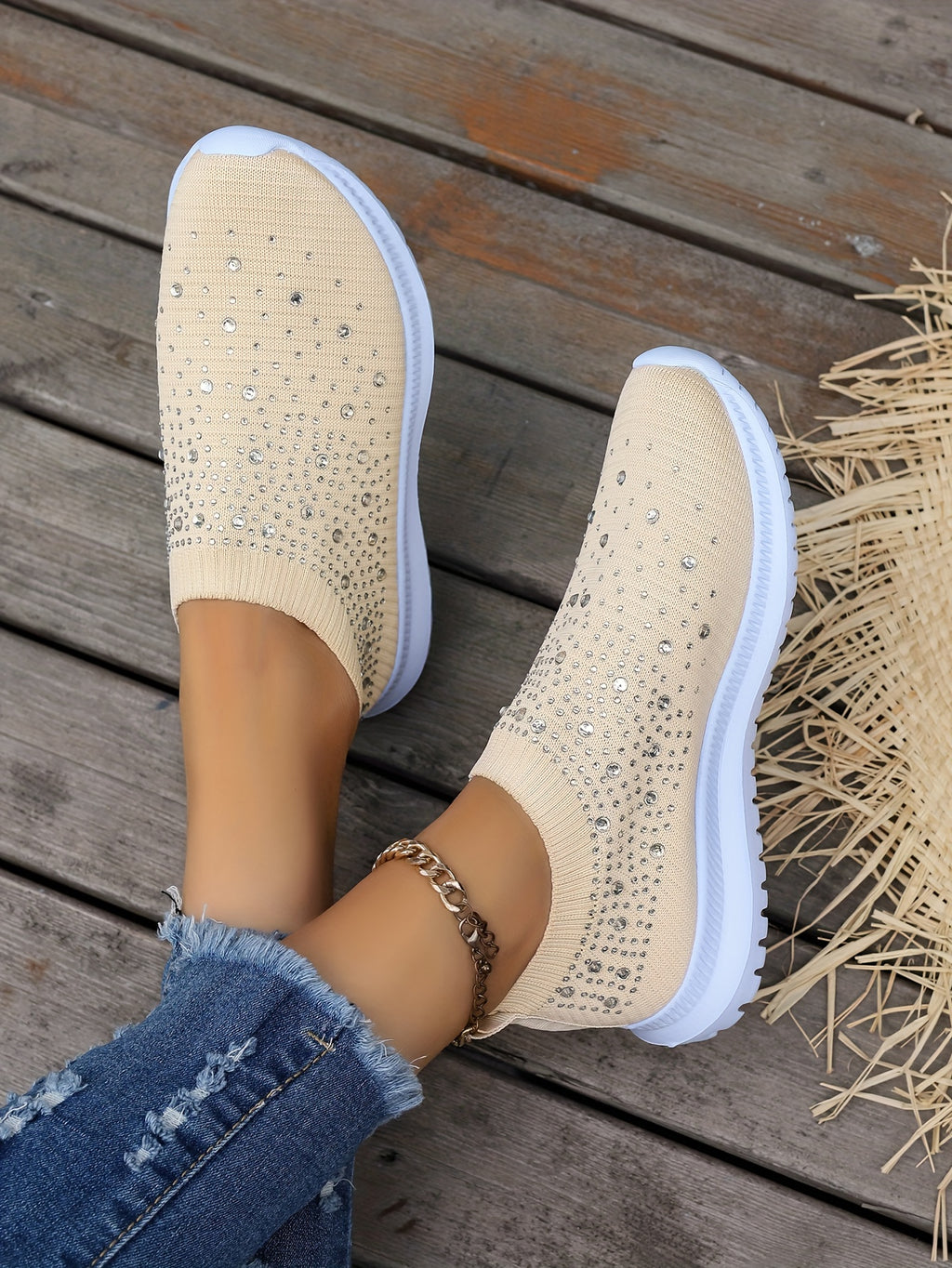 Women's Rhinestone Decor Slip-on Sneakers, Fly Woven Sports Shoes, Breathable Low Top Walking Shoes For Music Festival