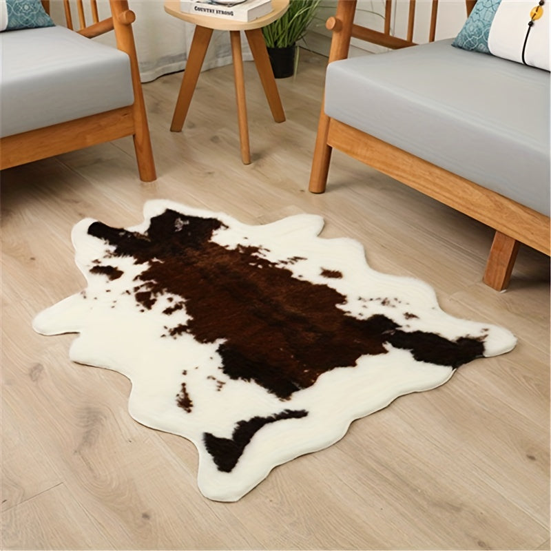 Washable Low-Pile Faux Cowhide Rug - 1pc Durable Western Style Animal Print Carpet for Bedroom and Living Room Decor - Home and Room Decor
