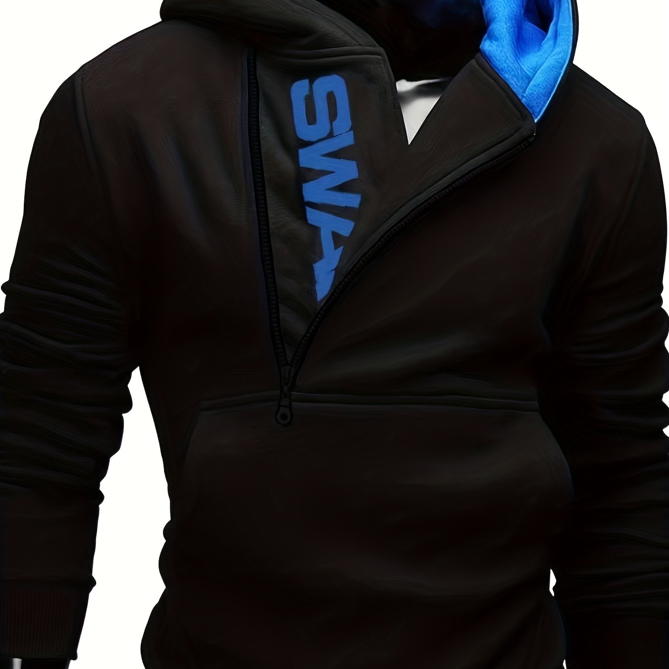 Men's Long Sleeve Letter Print Hoodie Sweatshirt with Kangaroo Pocket, Zipper Sloped Collar, Suitable for Outdoor Sports, Autumn and Winter Fashion