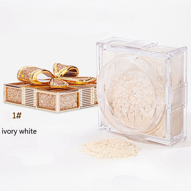 Elegant Bowknot Air Powder - Lightweight, Long-Lasting Oil Control & Waterproof Setting Powder for All Skin Tones, Ivory White & Cool Beige, Matte Finish with Glittery Golden Bow Design