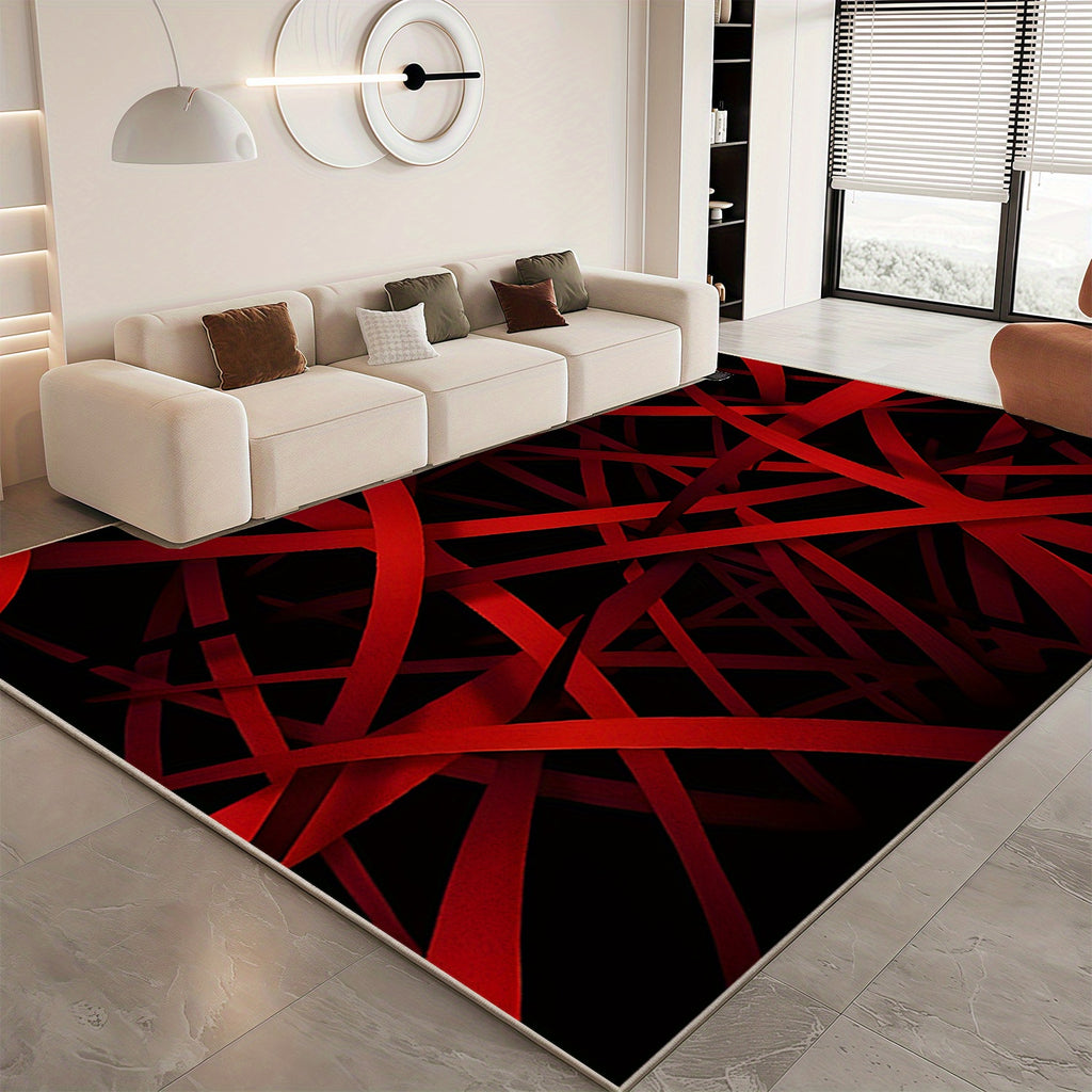 Modern Geometric Velvet Area Mat - Luxurious Red & Black Design, Machine Washable, Non-Slip, Ultra-Soft & Durable for Living Room, Bedroom, Entryway - Stylish Home Decor, Rugs for Living Room