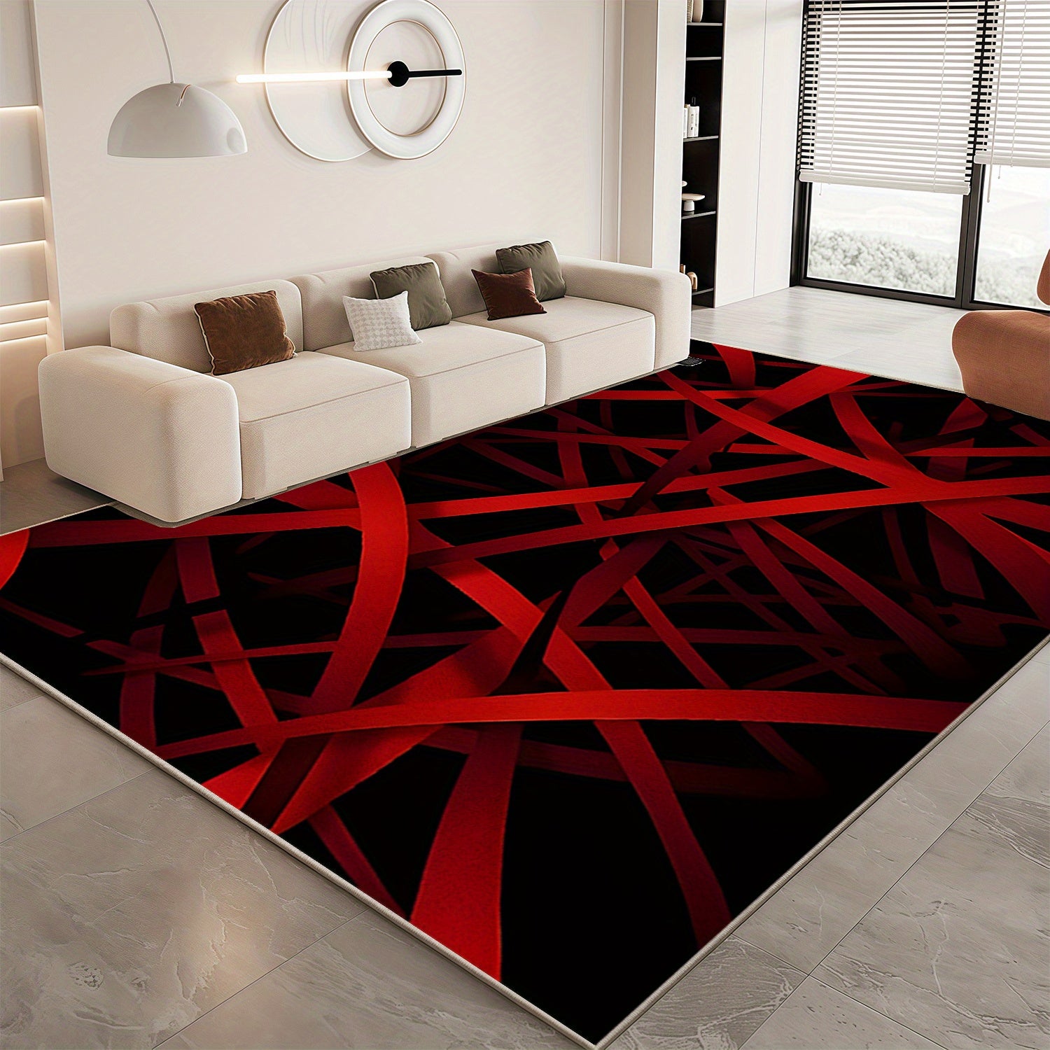 Modern Geometric Velvet Area Mat - Luxurious Red & Black Design, Machine Washable, Non-Slip, Ultra-Soft & Durable for Living Room, Bedroom, Entryway - Stylish Home Decor, Rugs for Living Room