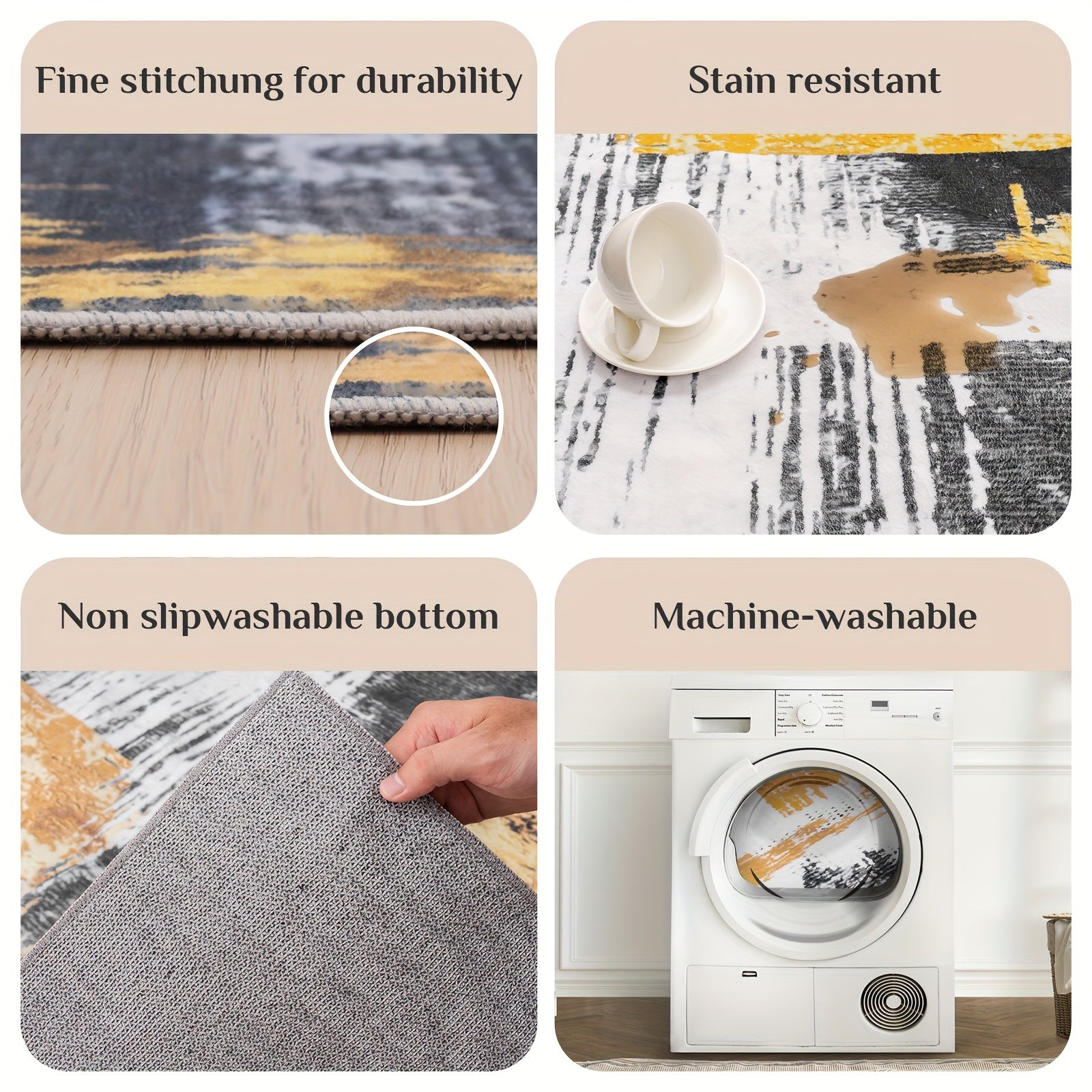 1 pc Machine Washable Rugs 8'x10' Abstract Washable Area Rugs for Living Room Non-Slip Rugs Bedroom Modern Braided Rugs Bohemian Rugs Soft Rugs Kitchen Dining Room Rugs Home Décor Office Rugs Black (Black)