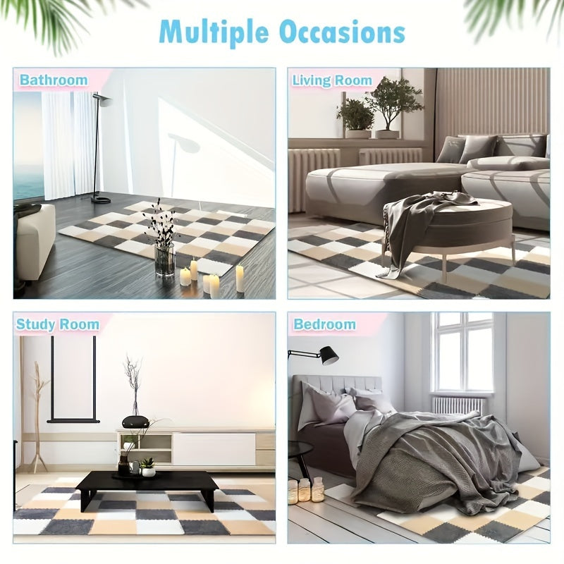 [Soft Coral Fleece Mat] 30pcs Soft Coral Fleece Checkered Area Mat - Soundproof, Black/White/Light Green - Low-Piece, Perfect for Bedroom, Living Room, Playroom, Year-Round Comfort & Style, Bedroom Floor Decor | Checkered Pat
