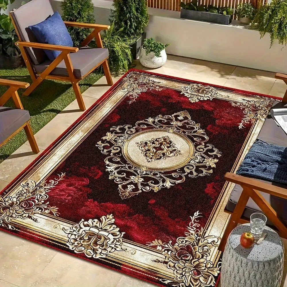 1pc Luxury Large Rectangular Mat - Burgundy & Golden Elegant Design, Soft Flat Weave Area Mat with Non-Slip Rubber Backing, Deep Red/Black/Golden/Beige/Brown Tones for Living Room, Bedroom, Office, Wedding & Father's Day Deco