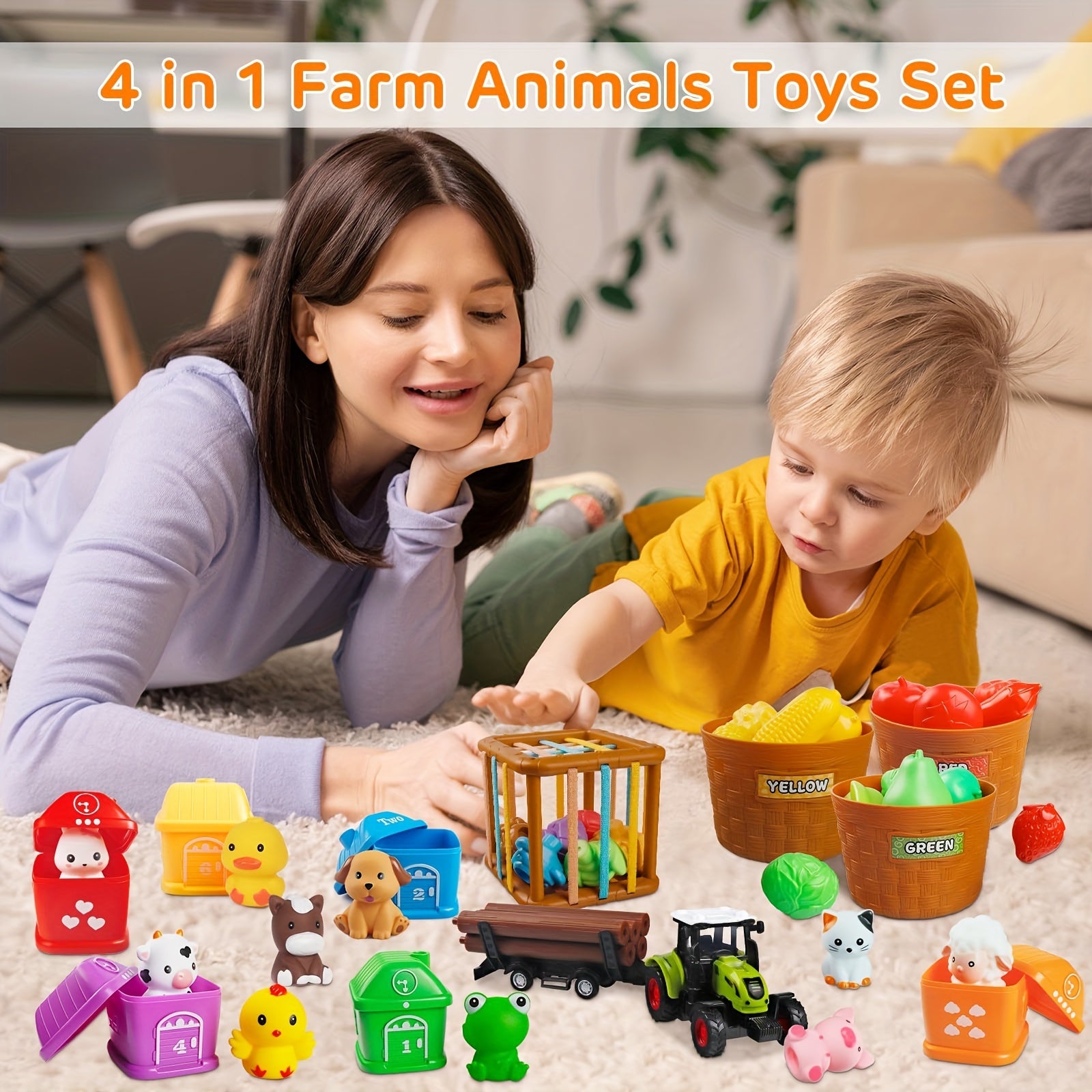 Montessori Toys For 1 2 3 Year Old Kids, 4 In 1 Farm Animals Barn Toys For Toddlers 1-3, Veenggie Sorting Set, Farm Tractor With Trailer, Stacking Toys Gift For Baby Boys Girls