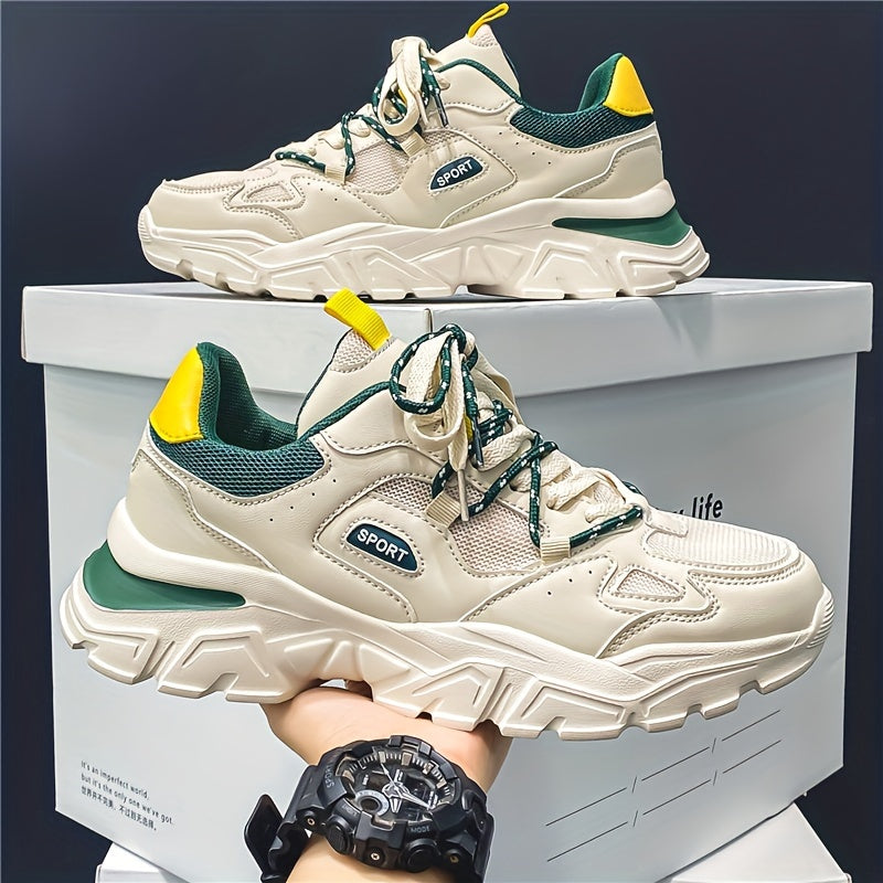 Vintage Round Toe Lace-up Chunky Sneakers - Shock-Absorbing, Breathable, and Comfortable Athletic Shoes for Men - Perfect for Sports and Casual Wear in Fall, Spring, and Summer