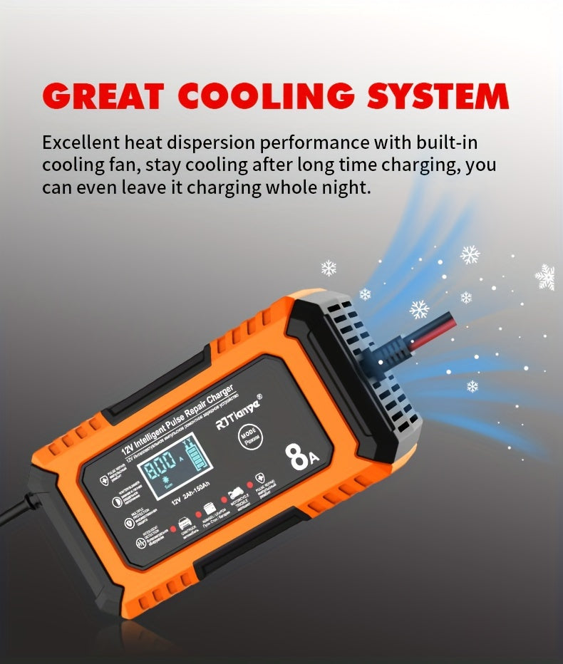 [Smart Car Charger] 12V 8A Smart Trickle Charger, American Plug Car Battery Charger | for Automotive Lead Acid and Lithium Iron Batteries
