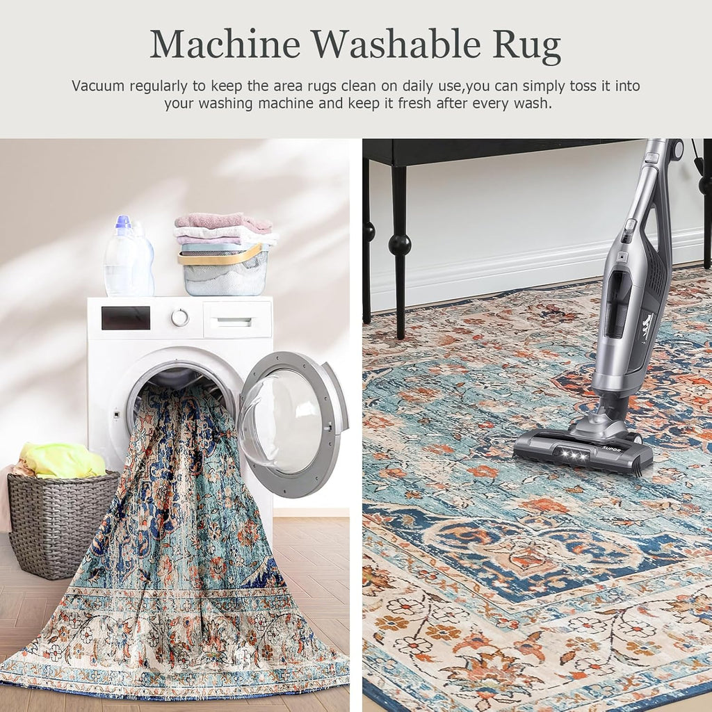 Machine Washable Rug with Non-Slip, Blue Area Rug, Vintage Boho Area Rug for Living Room Bedroom Dining Home Office Rugs