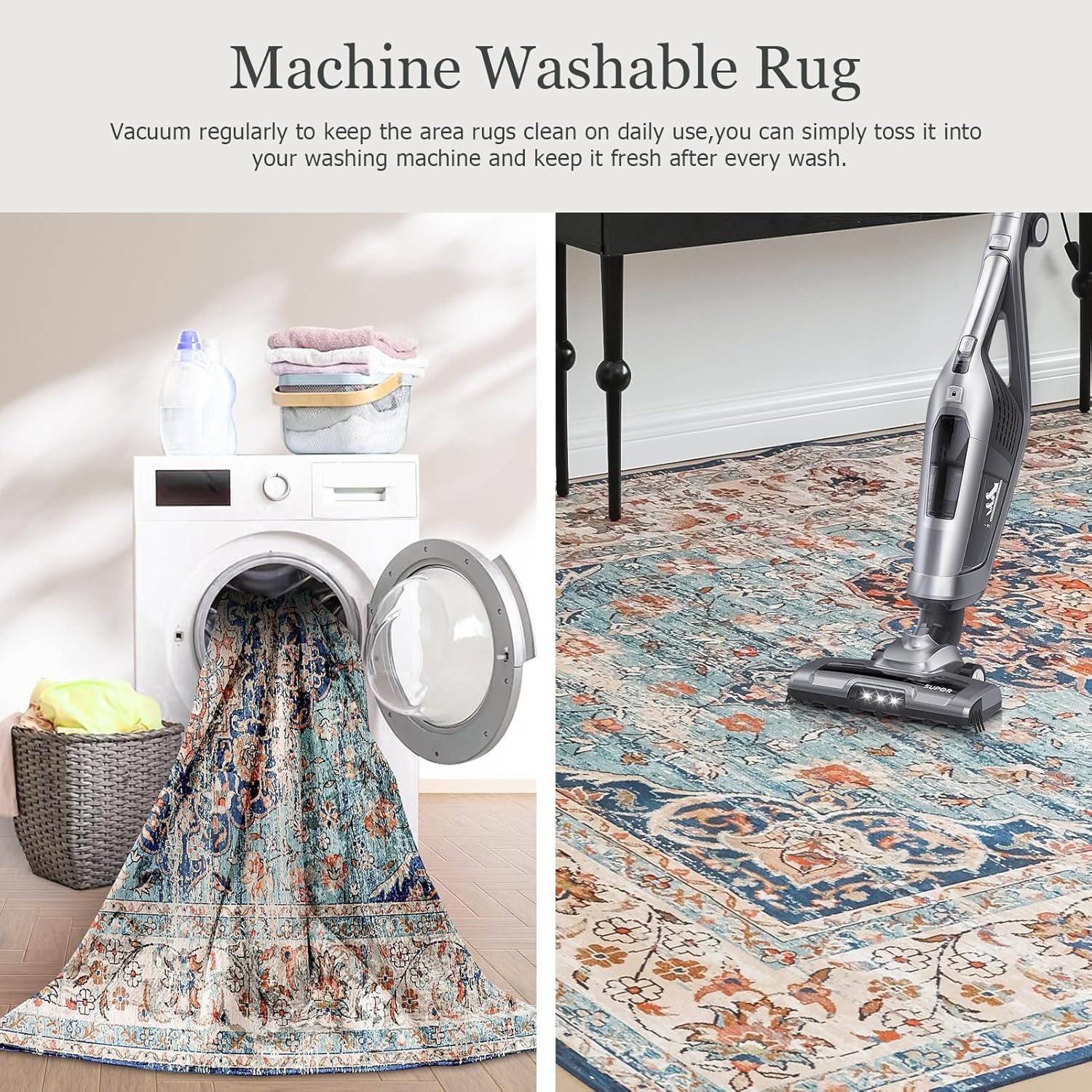 Machine Washable Rug with Non-Slip, Blue Area Rug, Vintage Boho Area Rug for Living Room Bedroom Dining Home Office Rugs