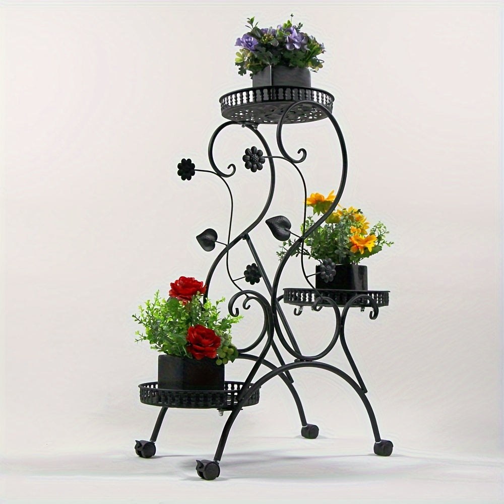 1 Pack, 3-Tier Classic Metal Flower Stand With Wheels For Indoor/Outdoor Plant Display Rack, Rolling Garden Decor