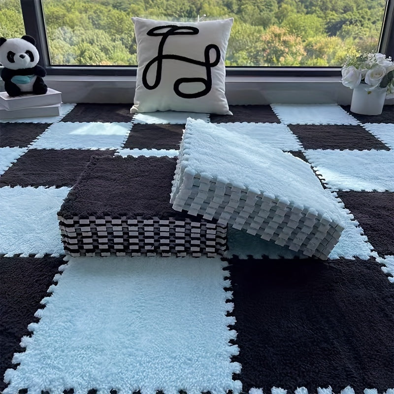 [Soft Coral Fleece Mat] 30pcs Soft Coral Fleece Checkered Area Mat - Soundproof, Black/White/Light Green - Low-Piece, Perfect for Bedroom, Living Room, Playroom, Year-Round Comfort & Style, Bedroom Floor Decor | Checkered Pat