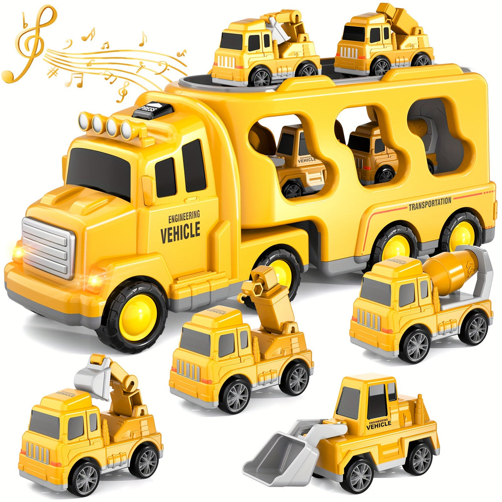 Fire Truck Toys for 3 4 5 Boys Toddlers, 5in 1 Kids Carrier Fire Trucks Cars for Boy Toys Birthday, Car Trucks Friction Power Toys with Light Sound