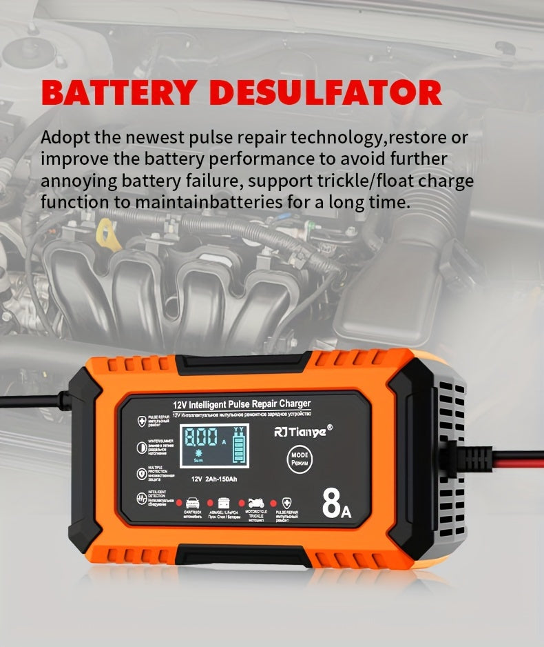 [Smart Car Charger] 12V 8A Smart Trickle Charger, American Plug Car Battery Charger | for Automotive Lead Acid and Lithium Iron Batteries