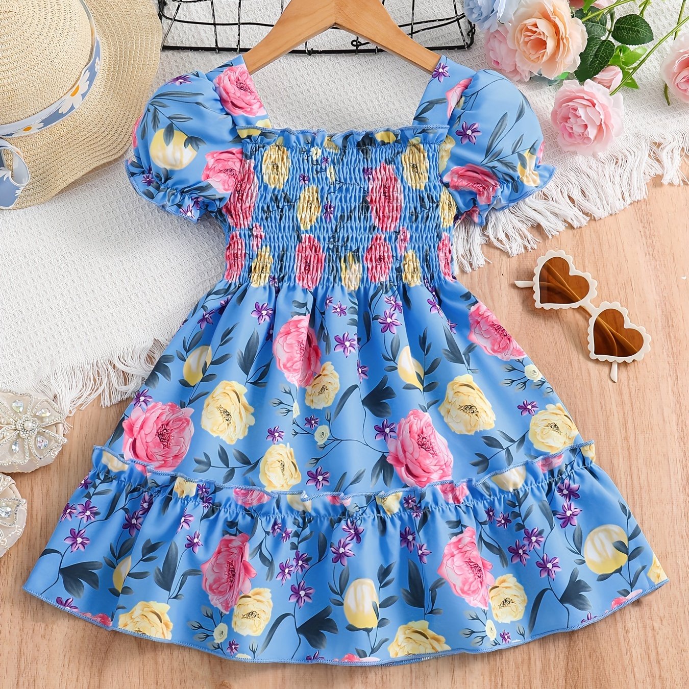 Girls Puff Sleeve Floral Shirred Ruffled Hem Party Dress Kids Summer Clothes