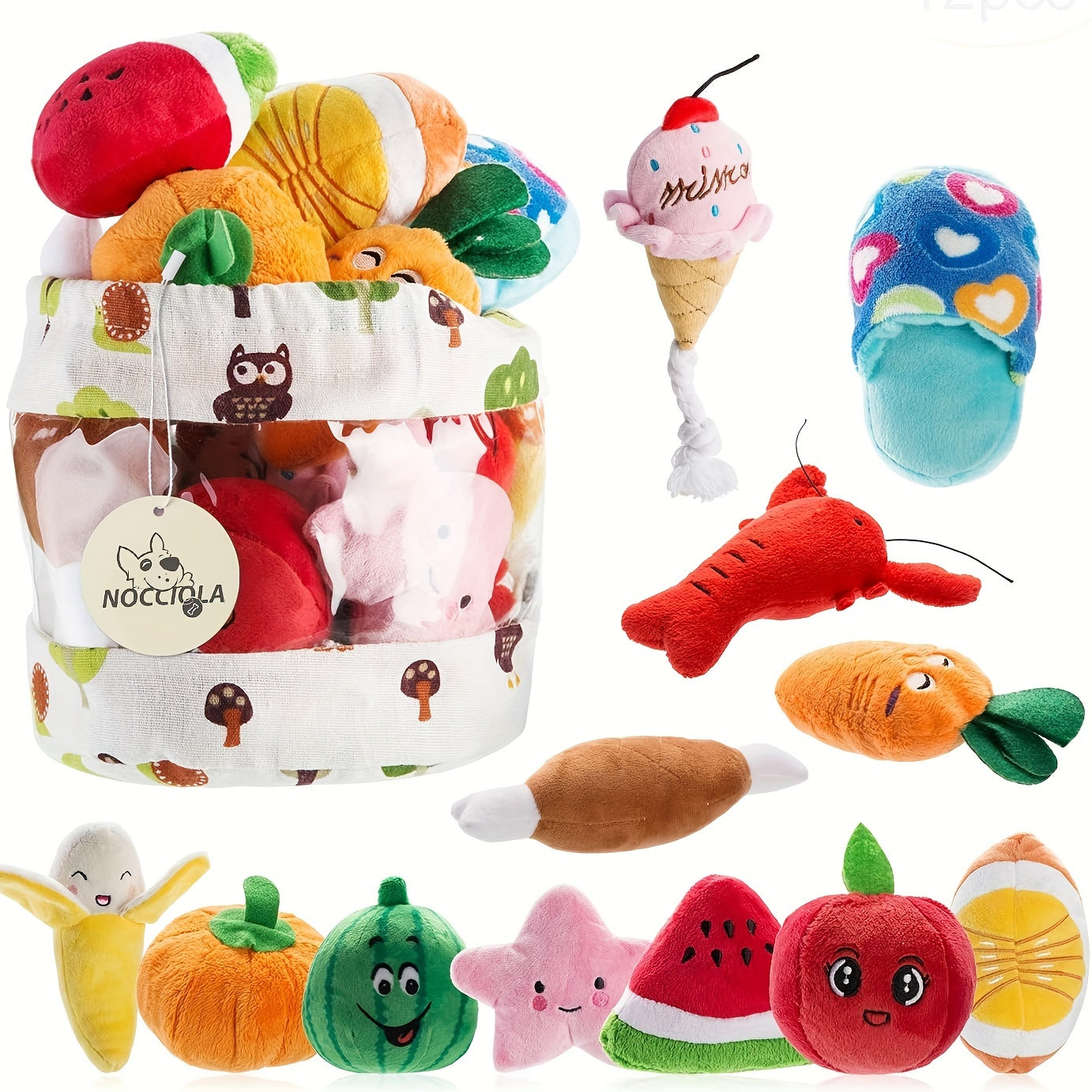 Nocciola Dog Squeaky Toys, Plush Small Dog Toys for Dogs, Stuffed Dog Toys with Squeakers, 12 pcs Puppy Toys with a Carrying Bag for Small Medium Size Dogs